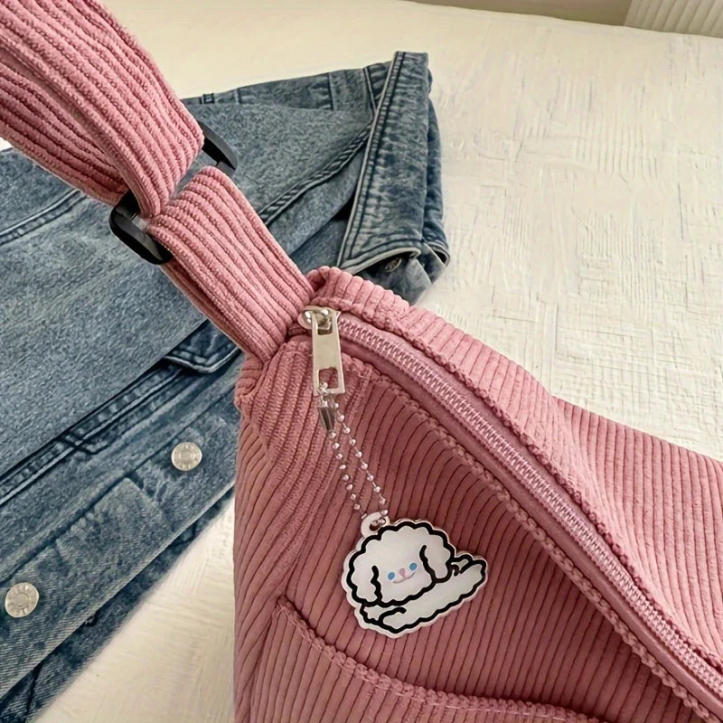 Sac à bandoulière en velours côtelé pour femme | Grand cabas décontracté rayé avec fermeture éclair (écusson chapeau mignon, usage quotidien)