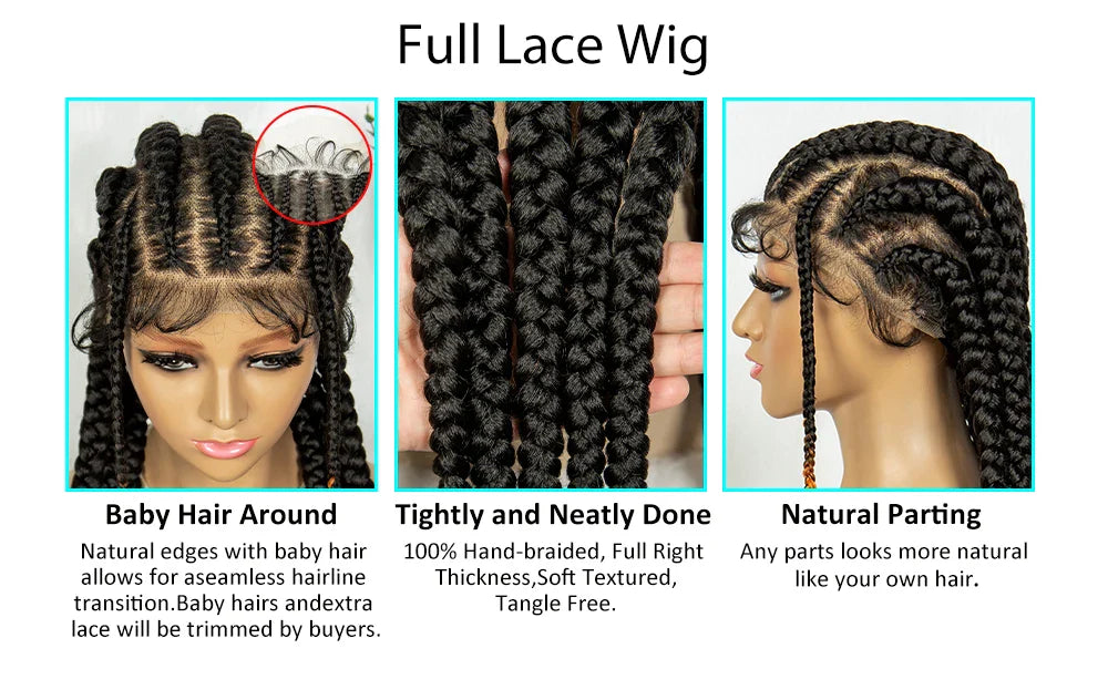 Perruque en dentelle complète tressée sans nœuds | Tresses africaines | Cheveux de bébé | Perruque tressée synthétique