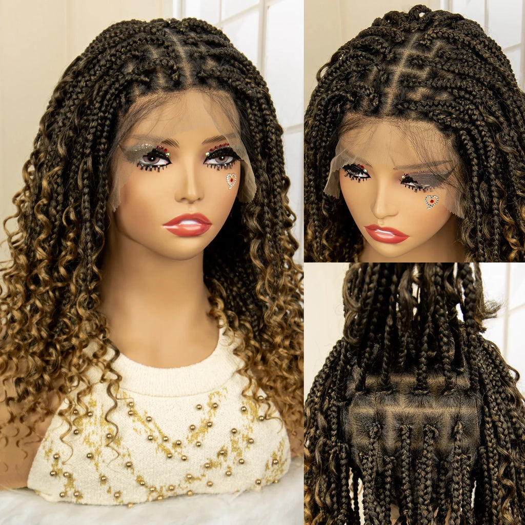 Perruque de tresses carrées bordeaux 14" | Entièrement lacée | Fibre Kanekalon | Tresses bohèmes | Pour femmes
