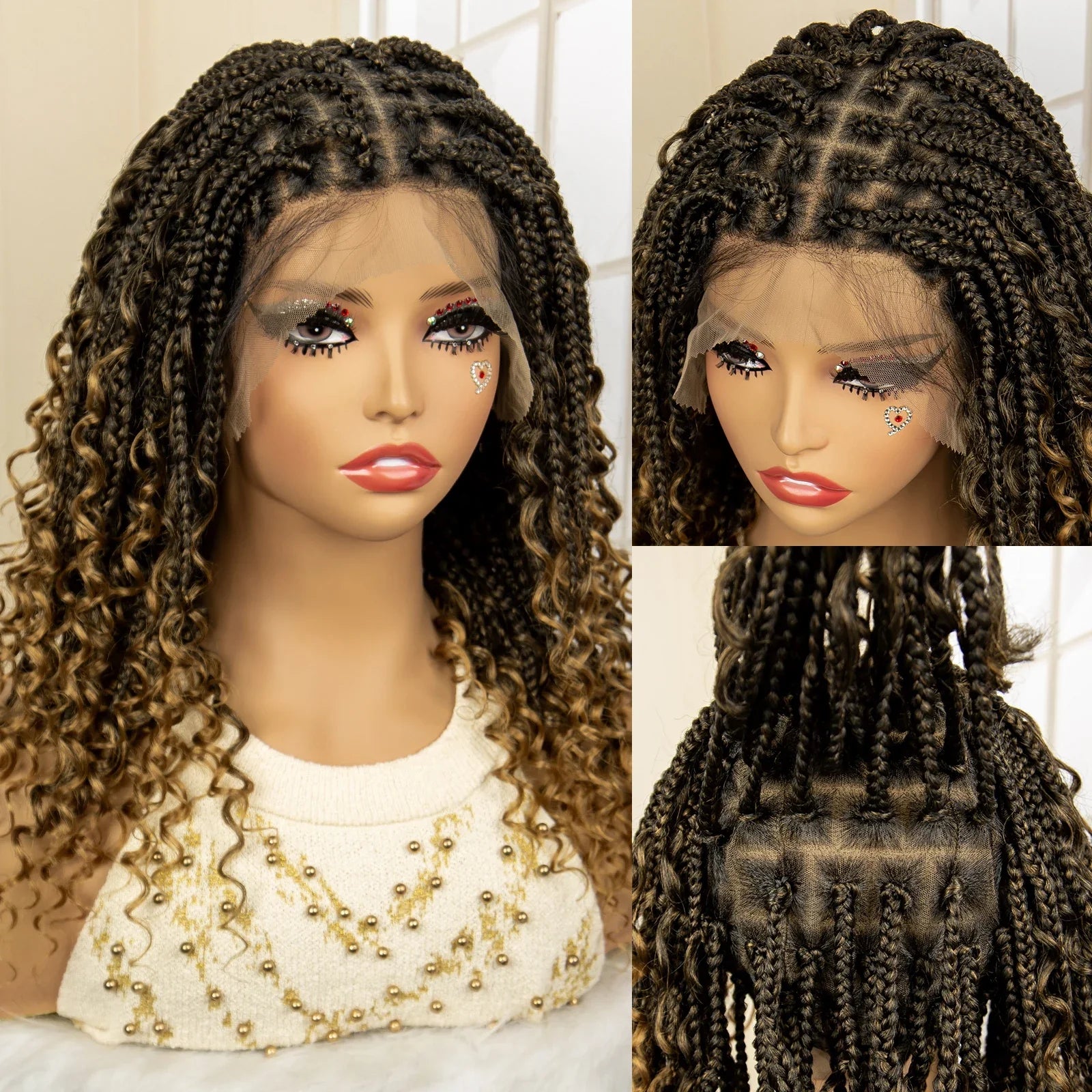 Perruque de tresses carrées bordeaux 14" | Entièrement lacée | Fibre Kanekalon | Tresses bohèmes | Pour femmes