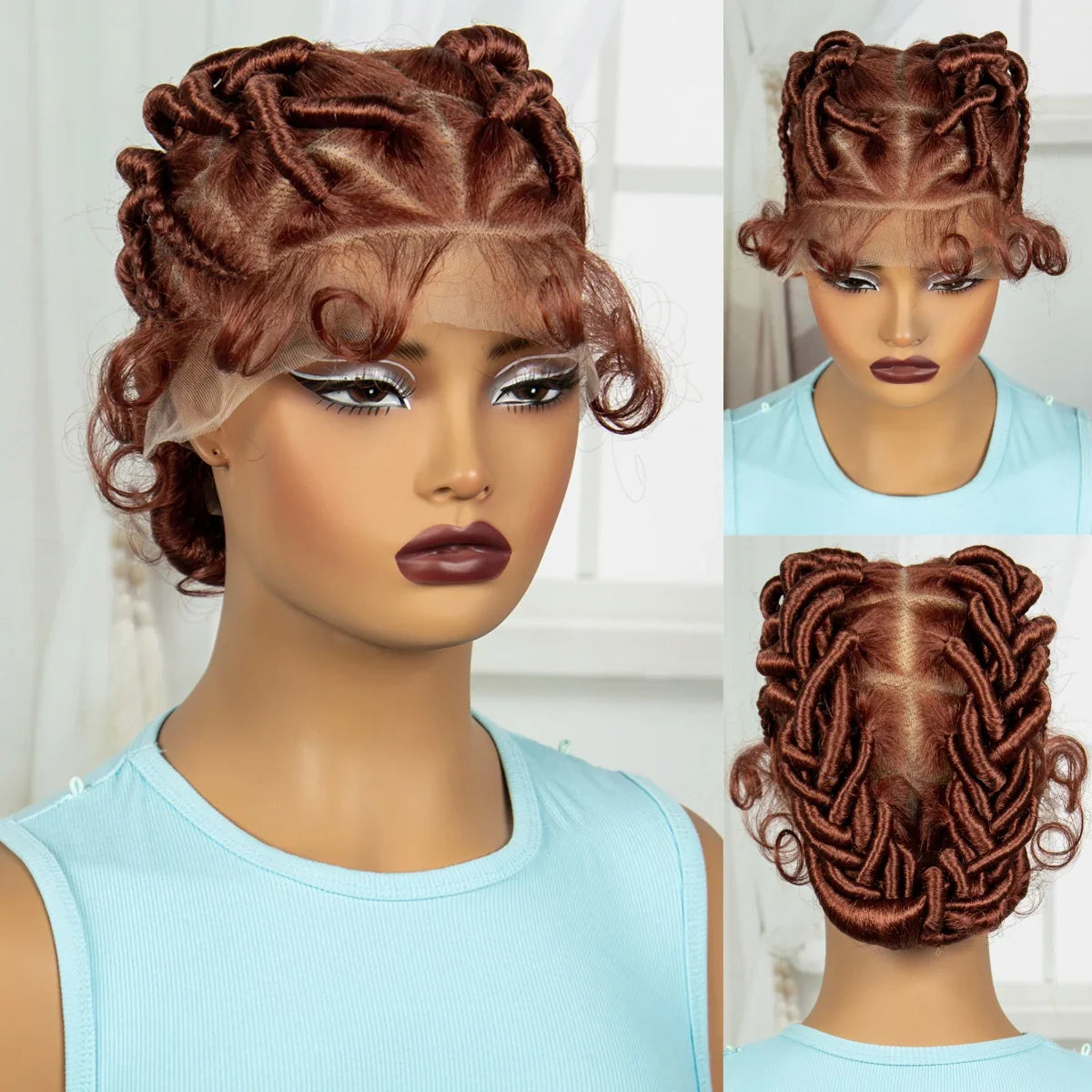 Perruque tressée gingembre pleine dentelle faite main Bantu & Dreadlock avec cheveux de bébé | Perruque tressée synthétique pour femmes noires