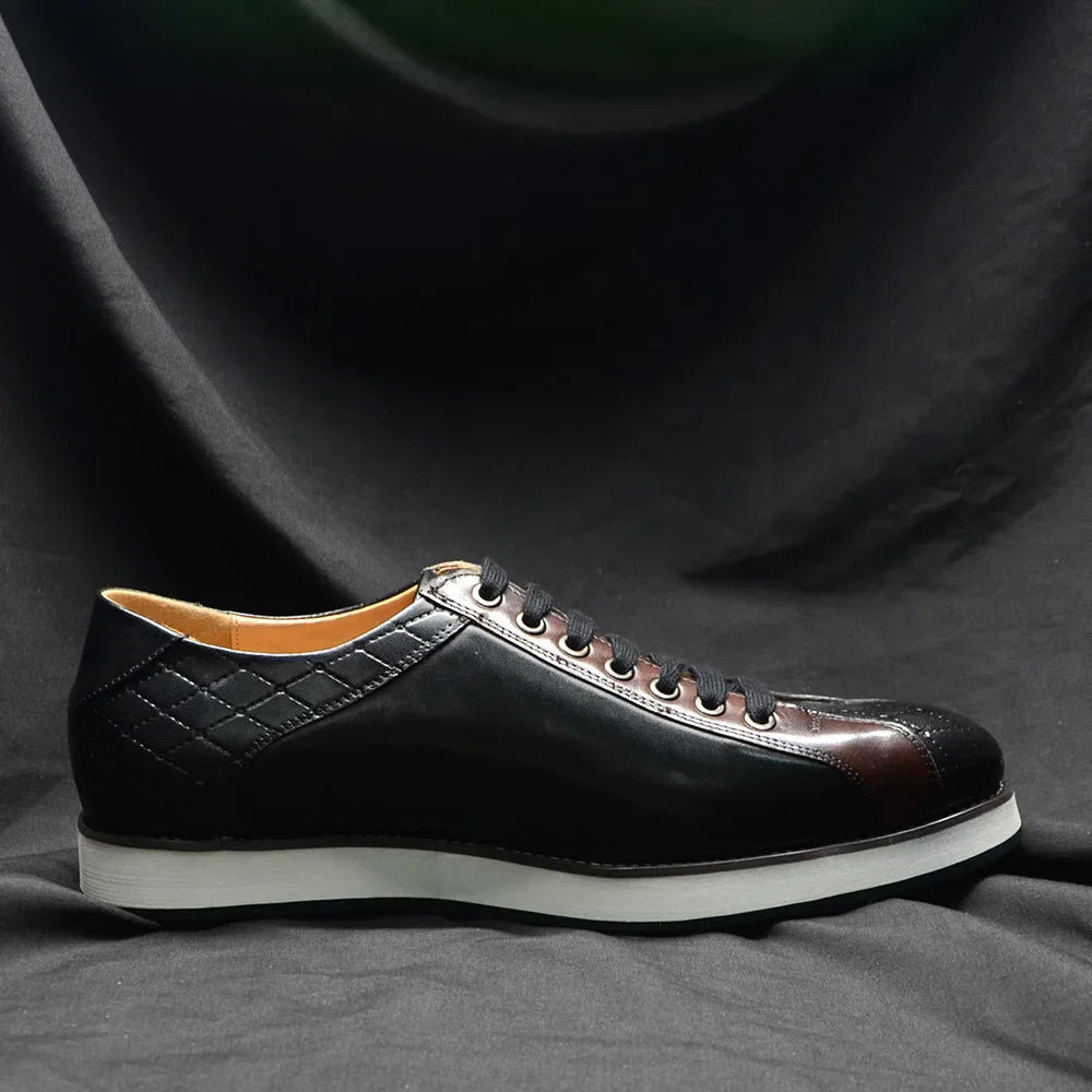 Europe 2024 Automne Hommes Luxe Cuir Véritable Plaid Chaussures Décontractées | Baskets Business Noir & Marron Foncé (Augmentation de la Hauteur)