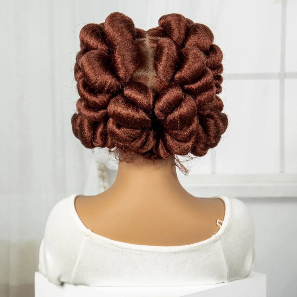 Perruque tressée gingembre pleine dentelle faite main Bantu & Dreadlock avec cheveux de bébé | Perruque tressée synthétique pour femmes noires