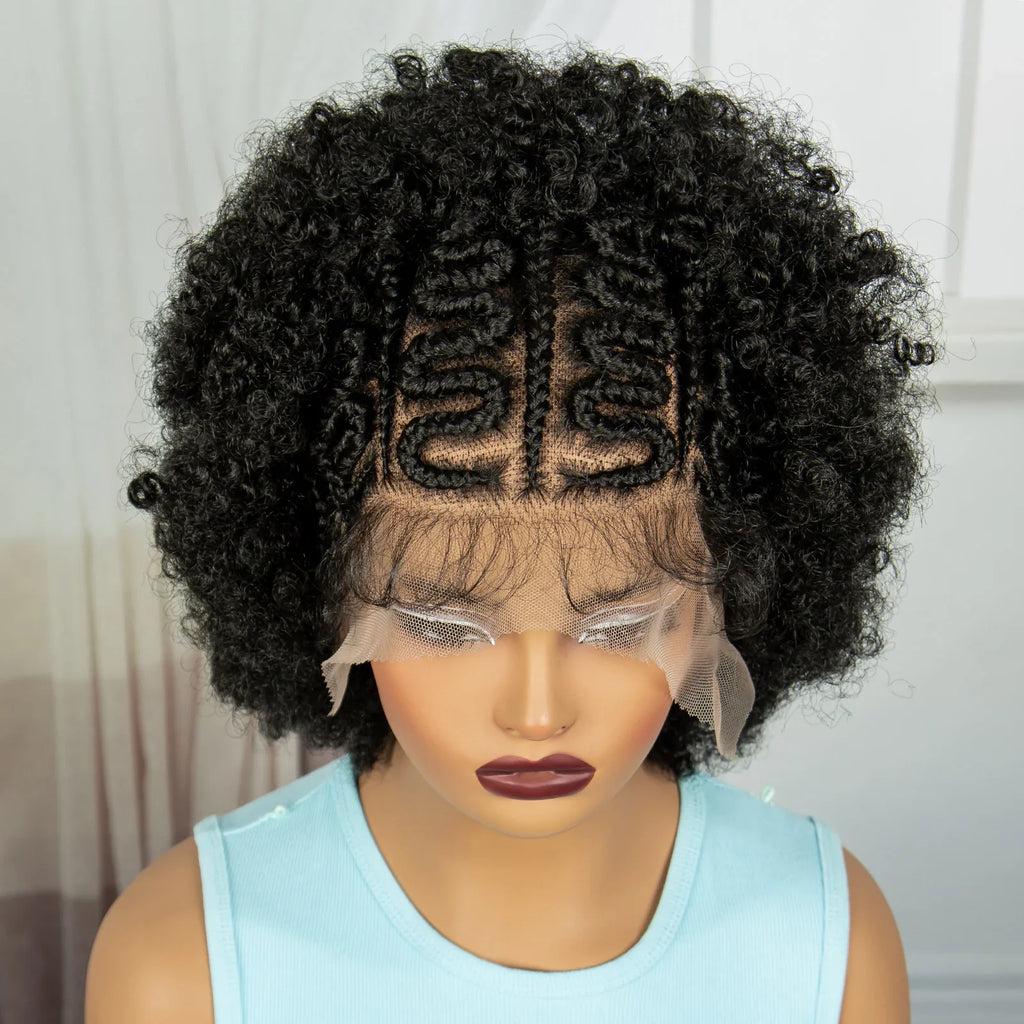 Perruque Afro Kinky Curly Tresses Collées Cornrows | Full Lace Transparente | Baby Hair