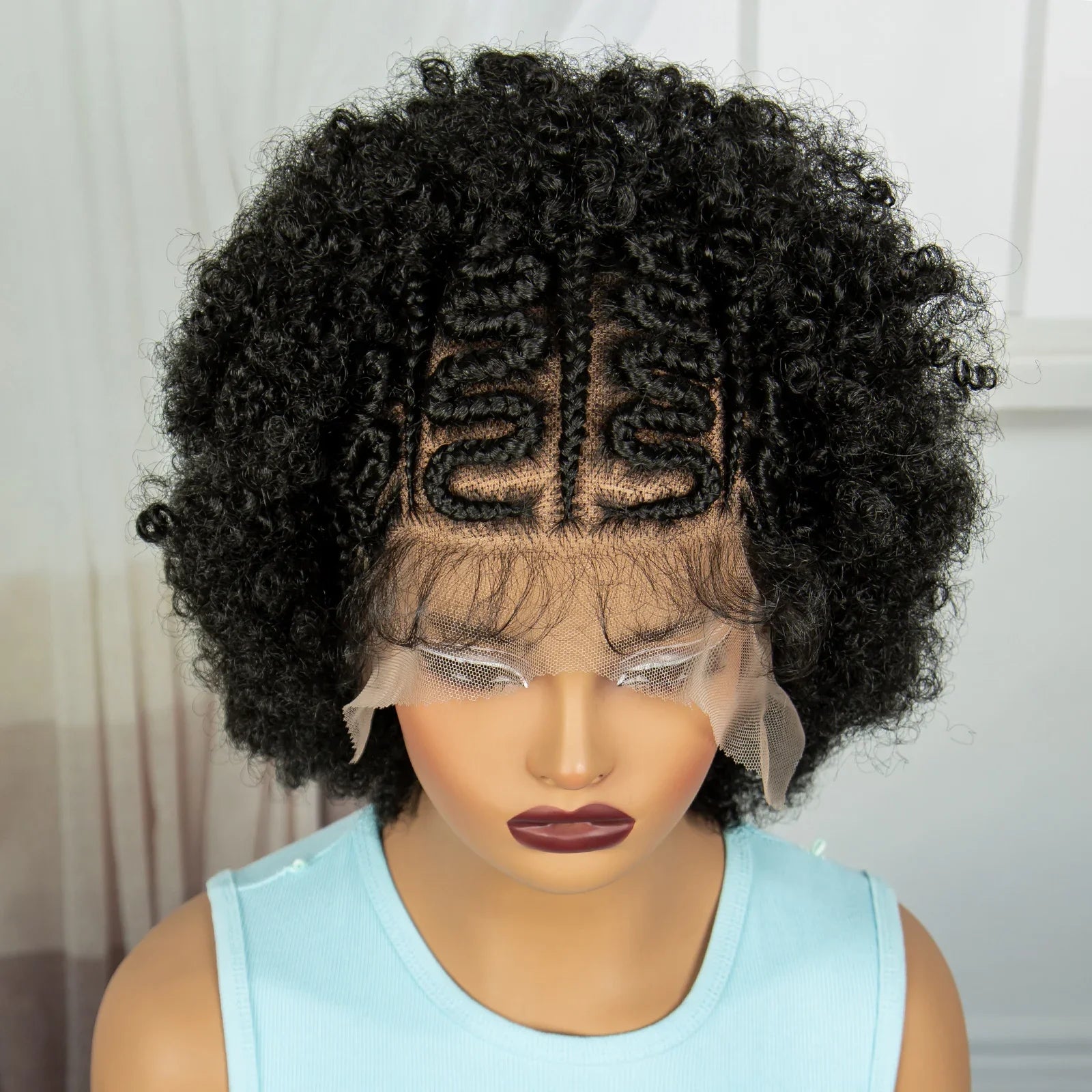 Perruque Afro Kinky Curly Tresses Collées Cornrows | Full Lace Transparente | Baby Hair