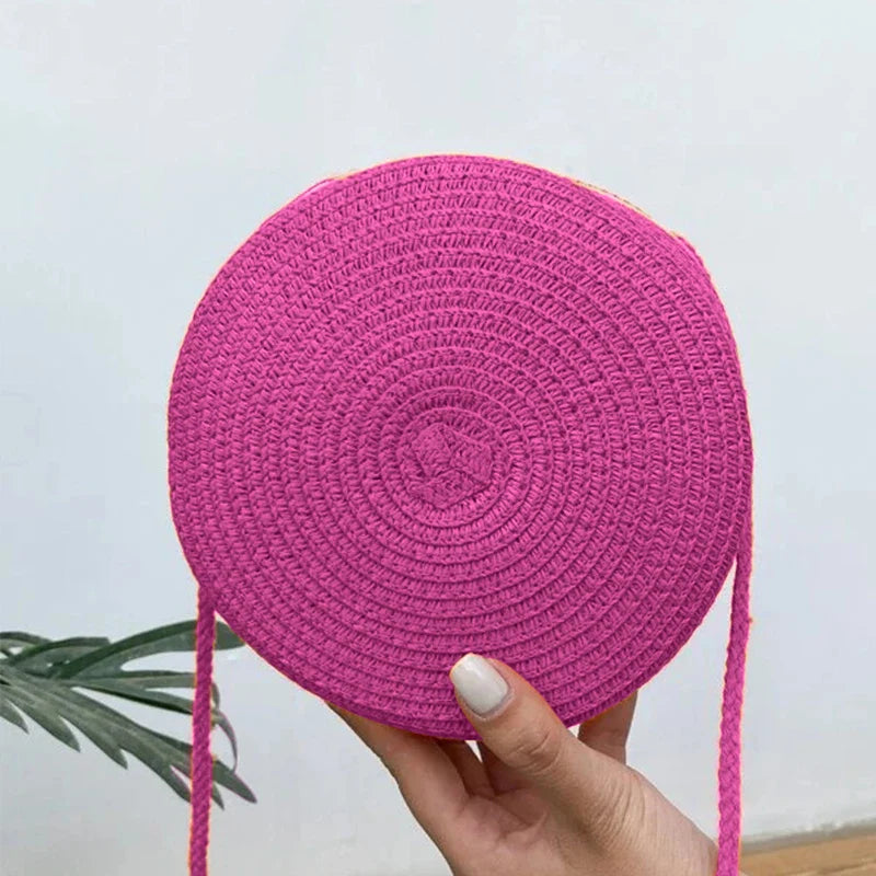 Sac bandoulière tissé en paille pour femme | Petit sac à main de plage rond en rotin fait main (sac à bandoulière pour femme)