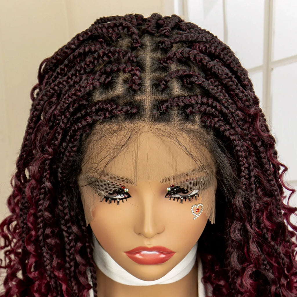 Perruque de tresses carrées bordeaux 14" | Entièrement lacée | Fibre Kanekalon | Tresses bohèmes | Pour femmes