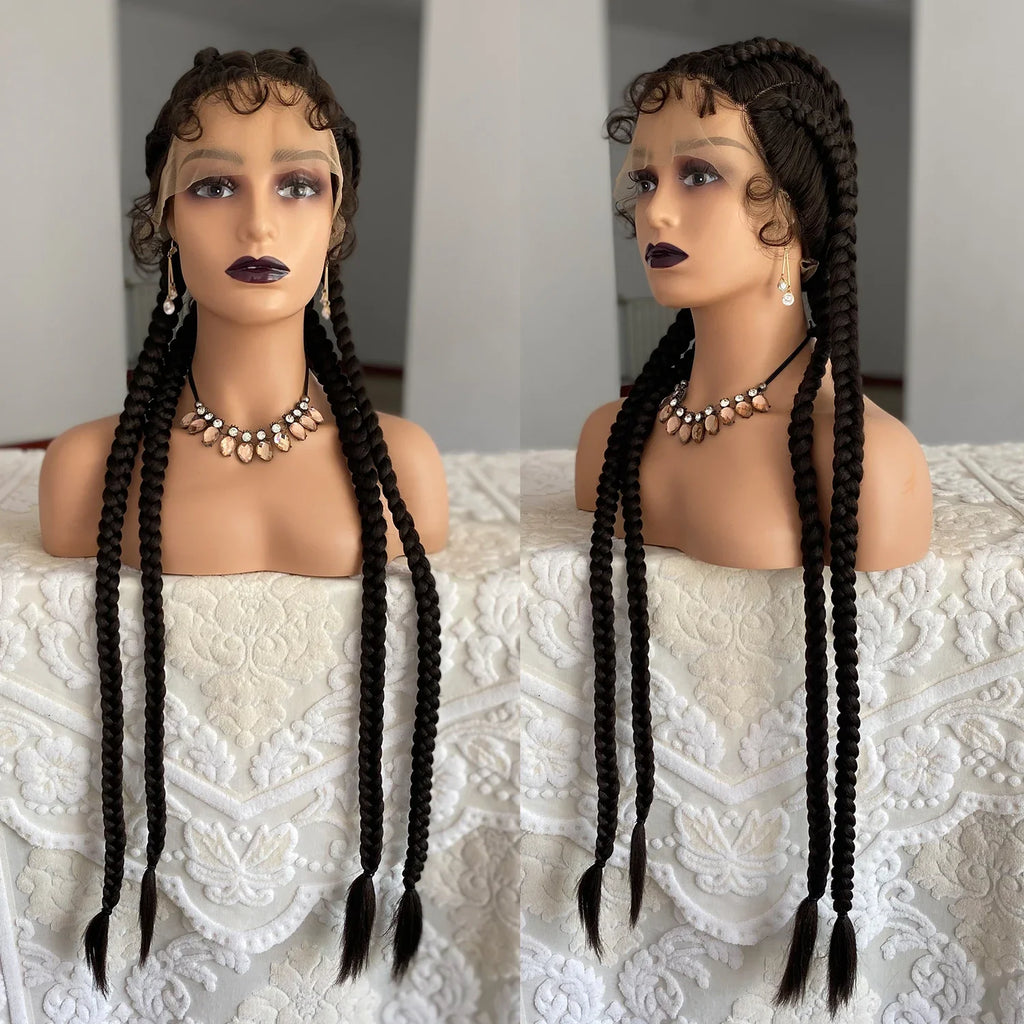 Perruque avant en dentelle torsadée sénégalaise de 32 pouces | 4 tresses collées | Avec des cheveux de bébé | Tresses synthétiques au crochet
