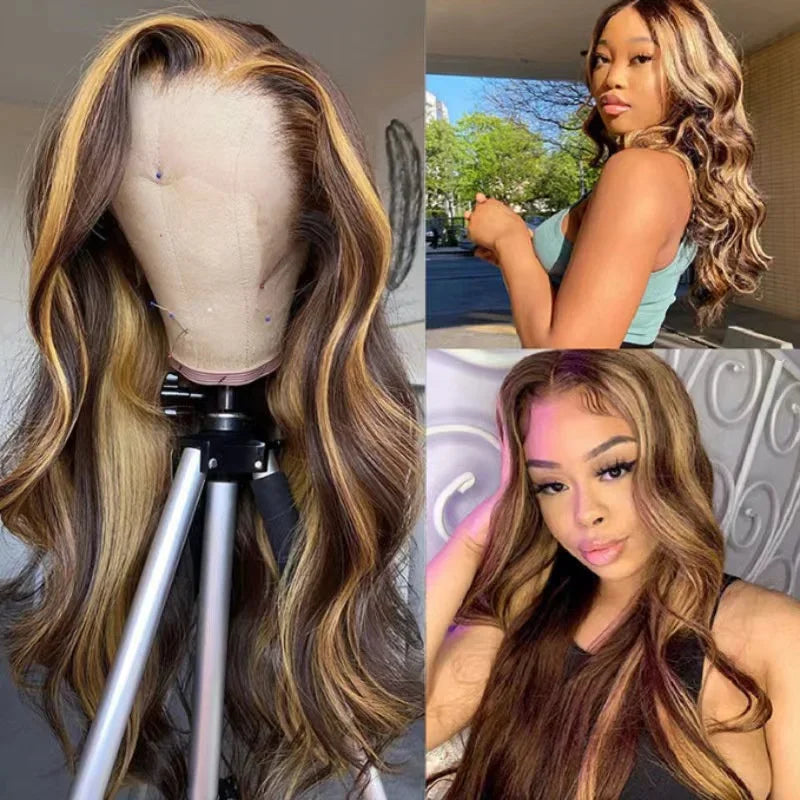 Perruque de cheveux humains brésiliens Body Wave Lace Front de 65 CM, couleur piano blond méché et miel pour femmes