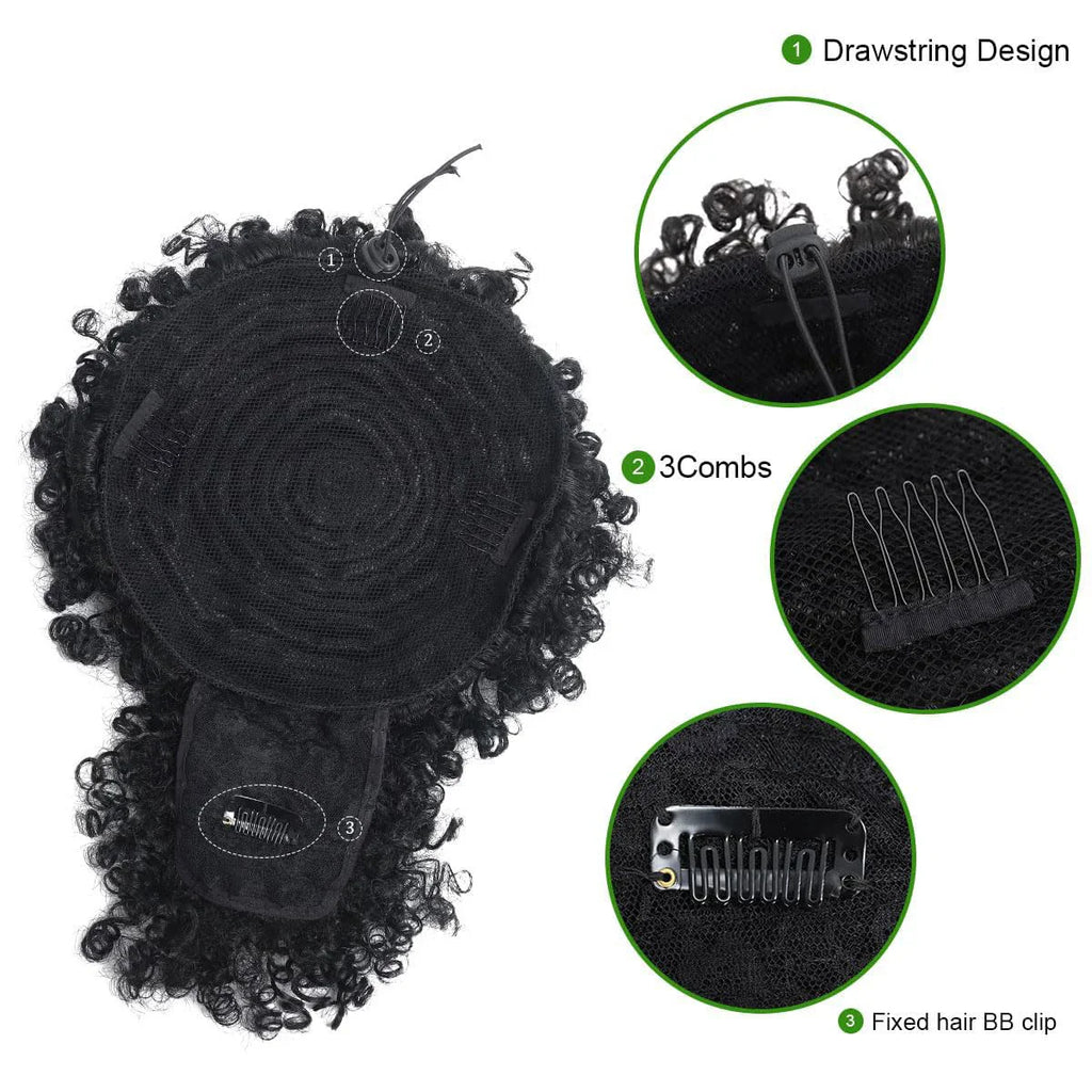 Afro Puff Kinky Curly Drawstring Ponytail Extension with Bangs | Synthetic Updo Hairpiece for Black Women | 12 Inch