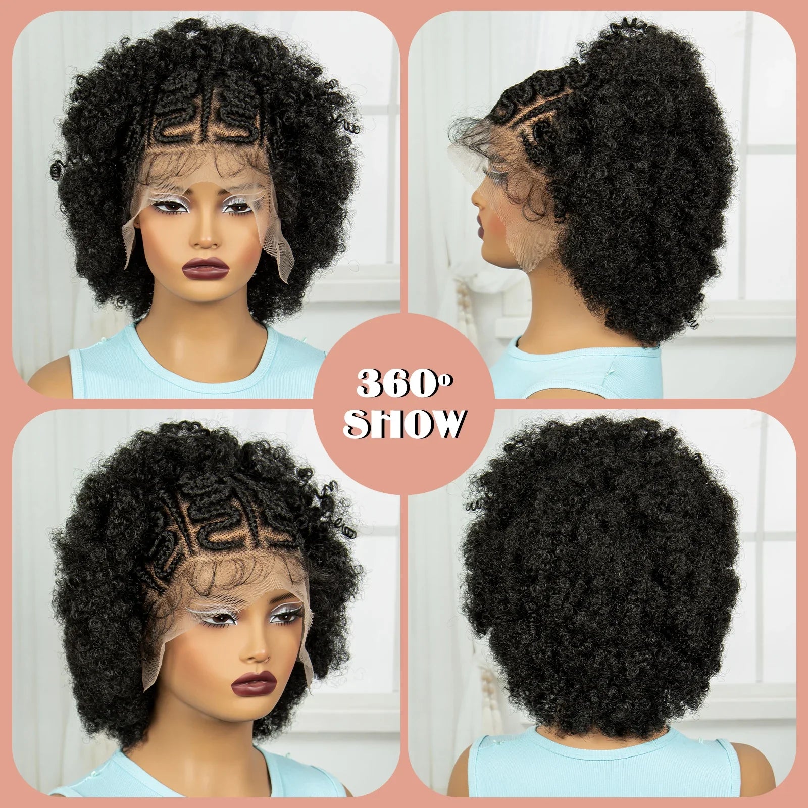Perruque Afro Kinky Curly Tresses Collées Cornrows | Full Lace Transparente | Baby Hair