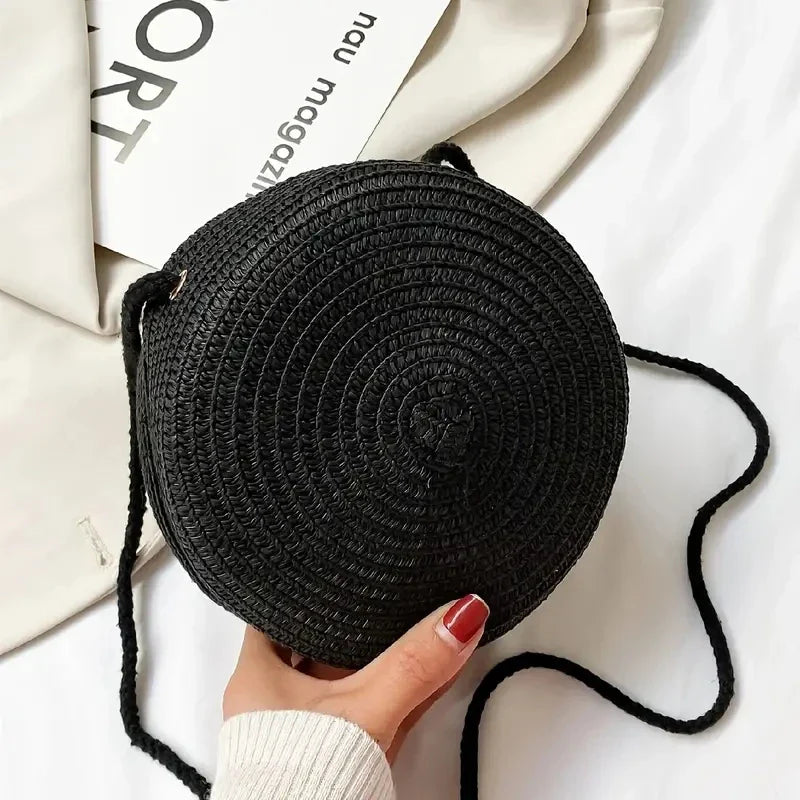 Sac bandoulière tissé en paille pour femme | Petit sac à main de plage rond en rotin fait main (sac à bandoulière pour femme)