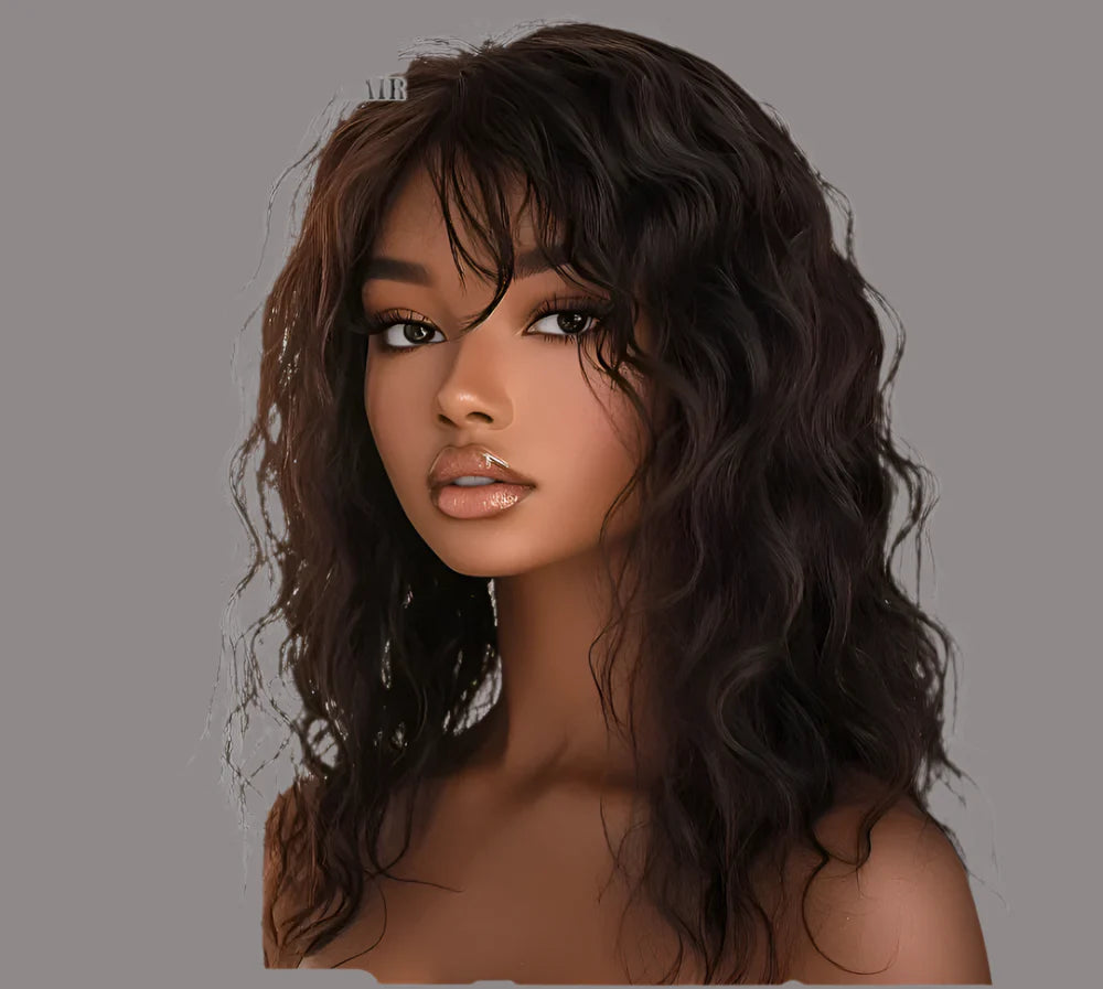 Perruque courte bouclée "Honey" en cheveux naturels, raie latérale, pré-épilée, grand volume, marron mélangé blond, sans colle, avec frange.
