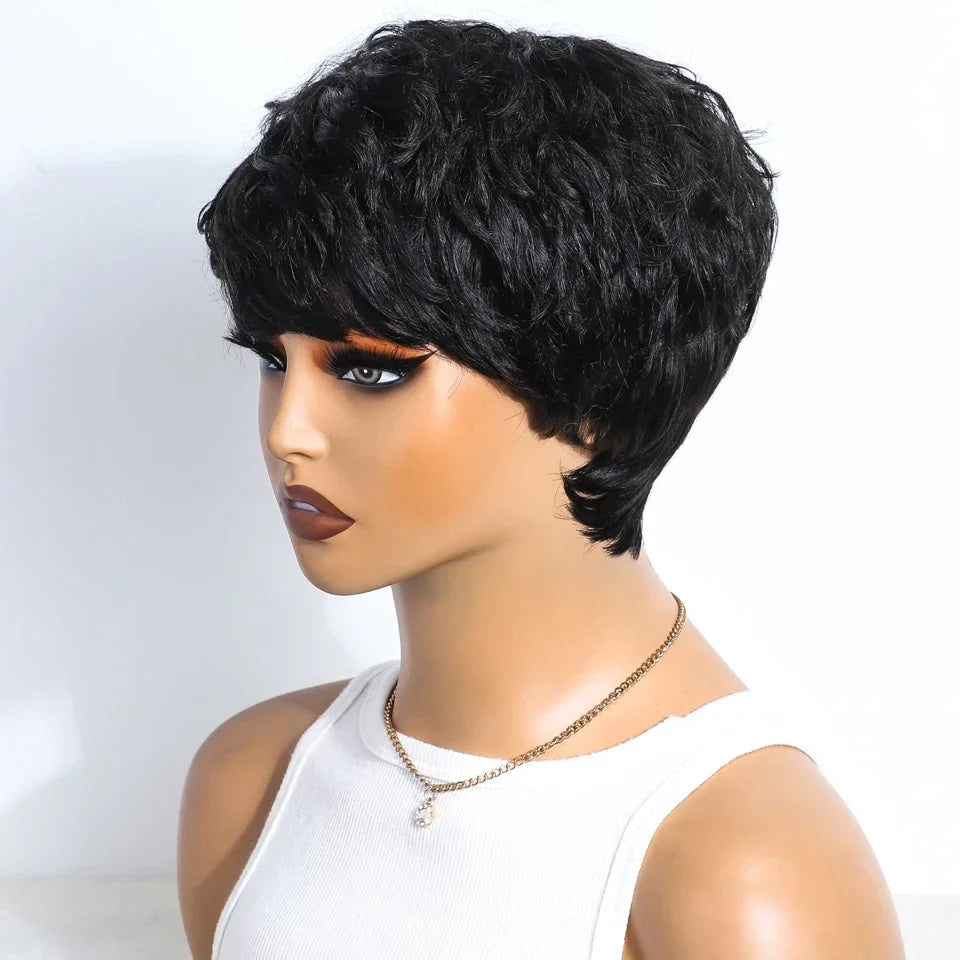 Perruque coupe courte Rebecca P1B/30 | Cheveux humains brésiliens bouclés avec raie sur le côté