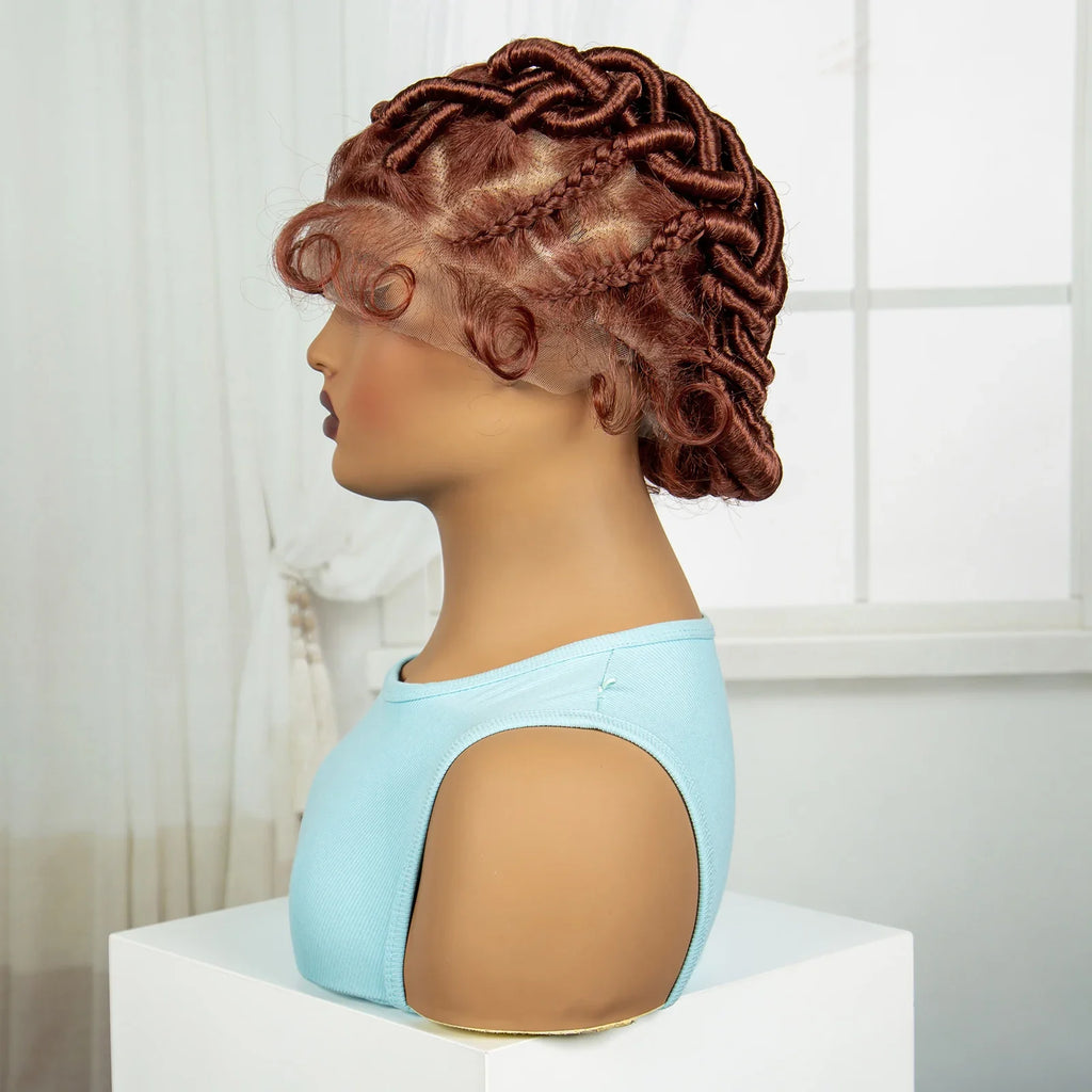 Perruque tressée gingembre pleine dentelle faite main Bantu & Dreadlock avec cheveux de bébé | Perruque tressée synthétique pour femmes noires