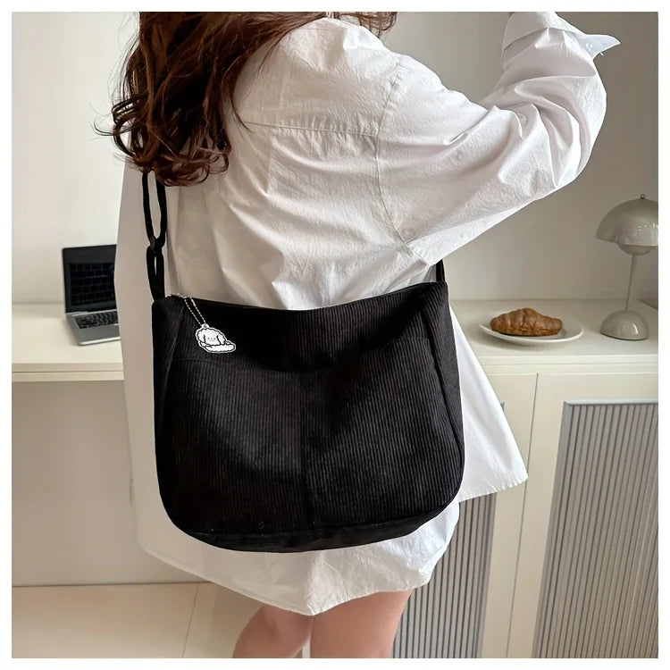 Sac à bandoulière en velours côtelé pour femme | Grand cabas décontracté rayé avec fermeture éclair (écusson chapeau mignon, usage quotidien)