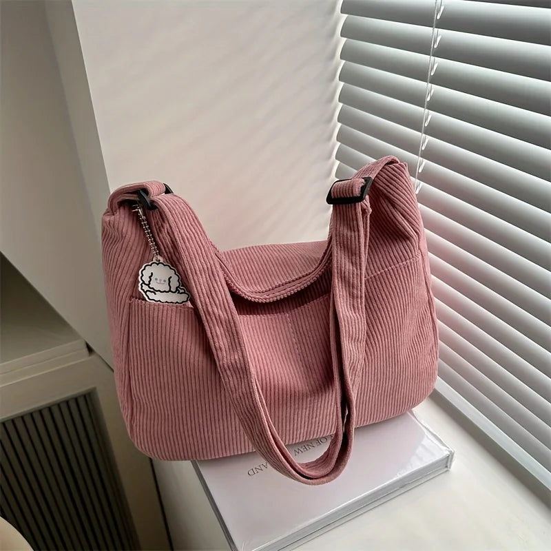 Sac à bandoulière en velours côtelé pour femme | Grand cabas décontracté rayé avec fermeture éclair (écusson chapeau mignon, usage quotidien)
