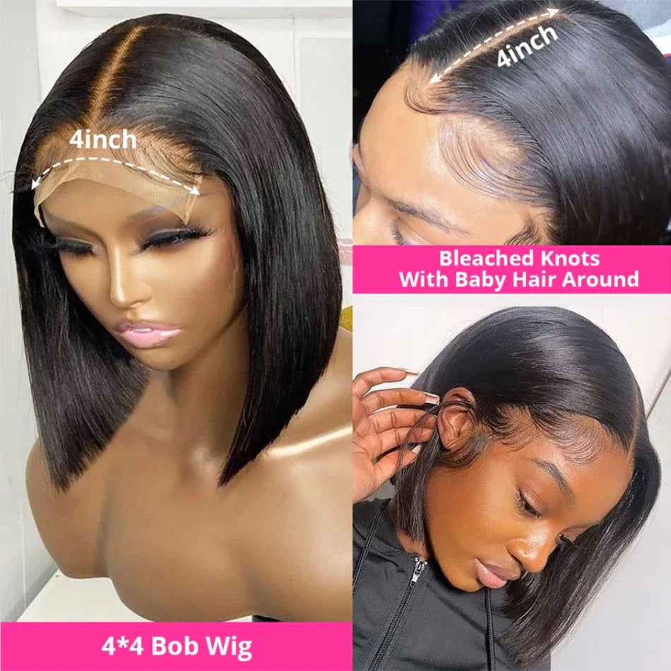 Perruque Bob Courte Droite Sans Colle 13x4 Lace Front Pré-Épilée avec Fermeture 4x4 Cheveux Humains Brésiliens Remy Ultra Lisses
