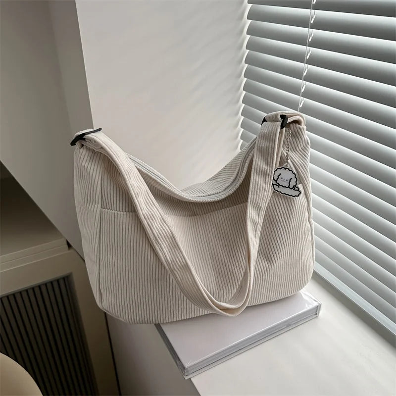 Sac à bandoulière en velours côtelé pour femme | Grand cabas décontracté rayé avec fermeture éclair (écusson chapeau mignon, usage quotidien)