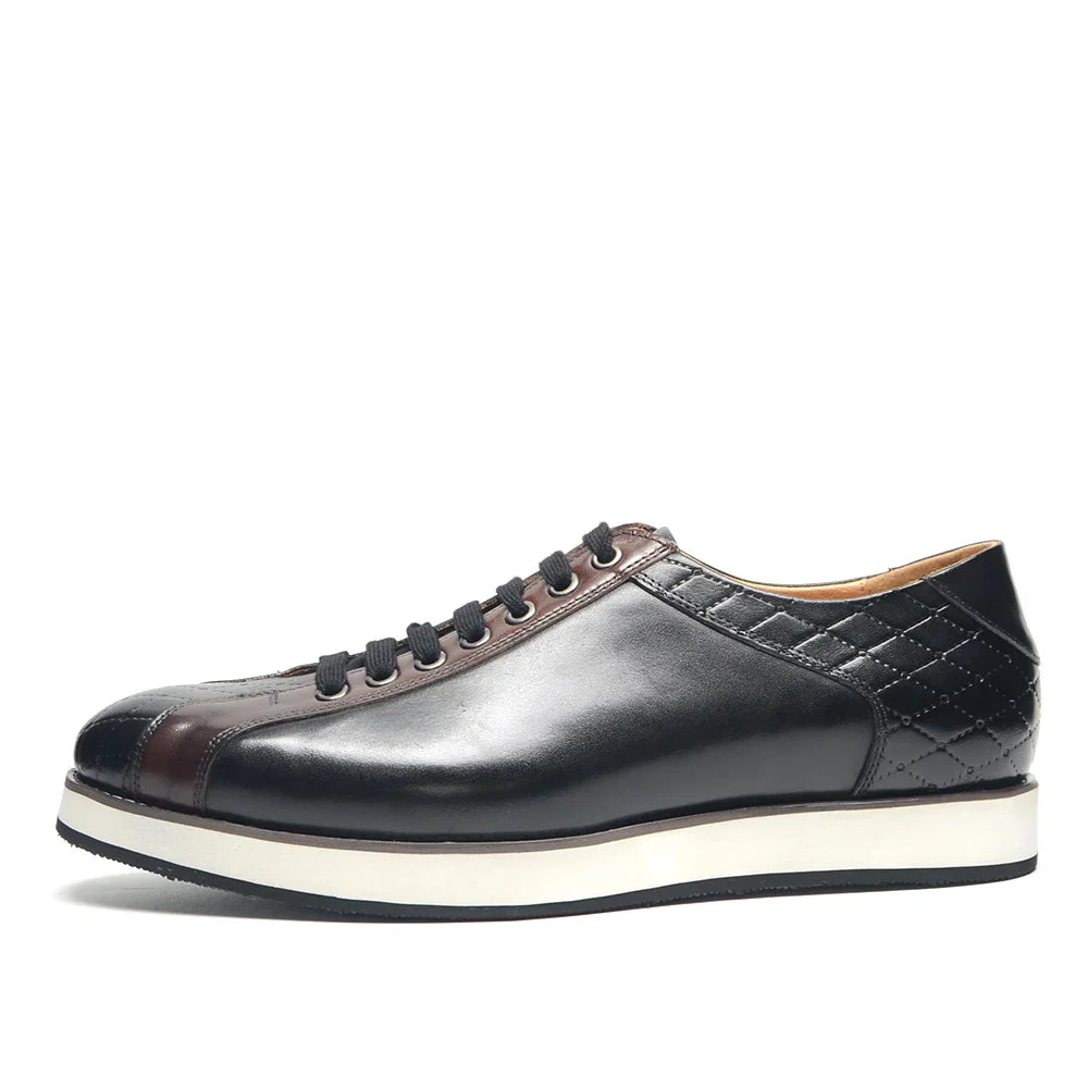 Europe 2024 Automne Hommes Luxe Cuir Véritable Plaid Chaussures Décontractées | Baskets Business Noir & Marron Foncé (Augmentation de la Hauteur)