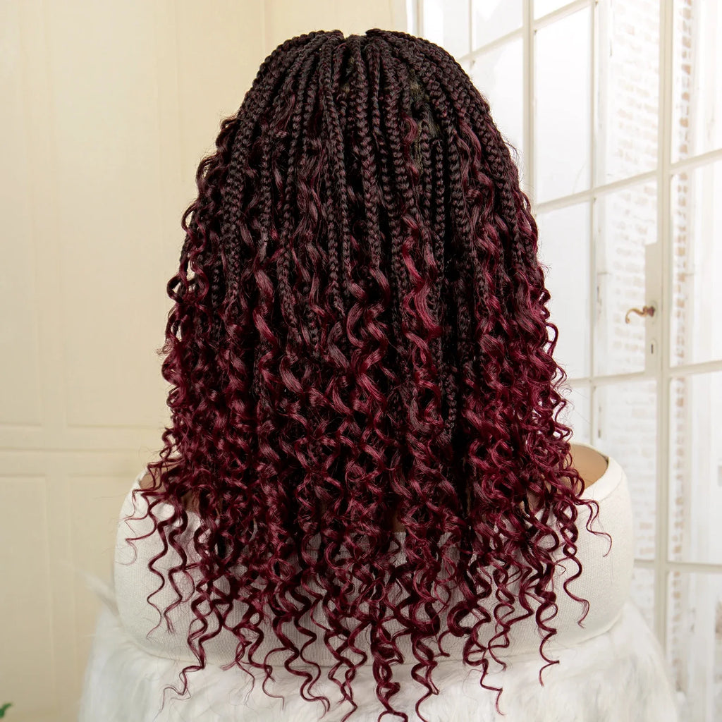 Perruque de tresses carrées bordeaux 14" | Entièrement lacée | Fibre Kanekalon | Tresses bohèmes | Pour femmes