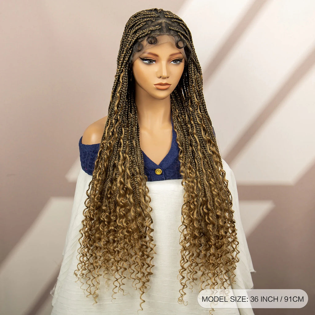 Perruque tressée boîte bohème avec cheveux bouclés | Accents dreadlocks style déesse | Perruque tressée marron en dentelle intégrale | Perruque tressée boîte bohème
