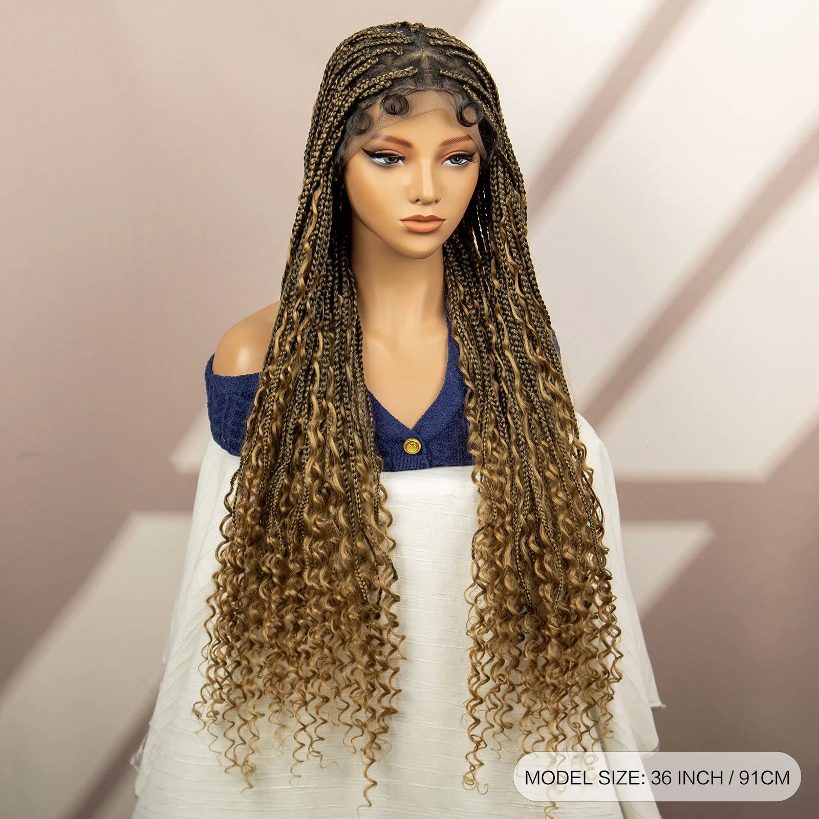 Perruque tressée boîte bohème avec cheveux bouclés | Accents dreadlocks style déesse | Perruque tressée marron en dentelle intégrale | Perruque tressée boîte bohème