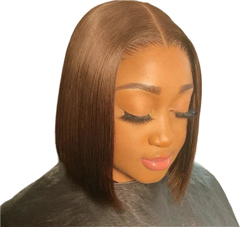 #4 Perruque Bob Brun Chocolat | Sans Colle | Prête à Porter | Cheveux Brésiliens | Cheveux Naturels | Raides | Indétectable | Perruques à Closure Pour Femmes