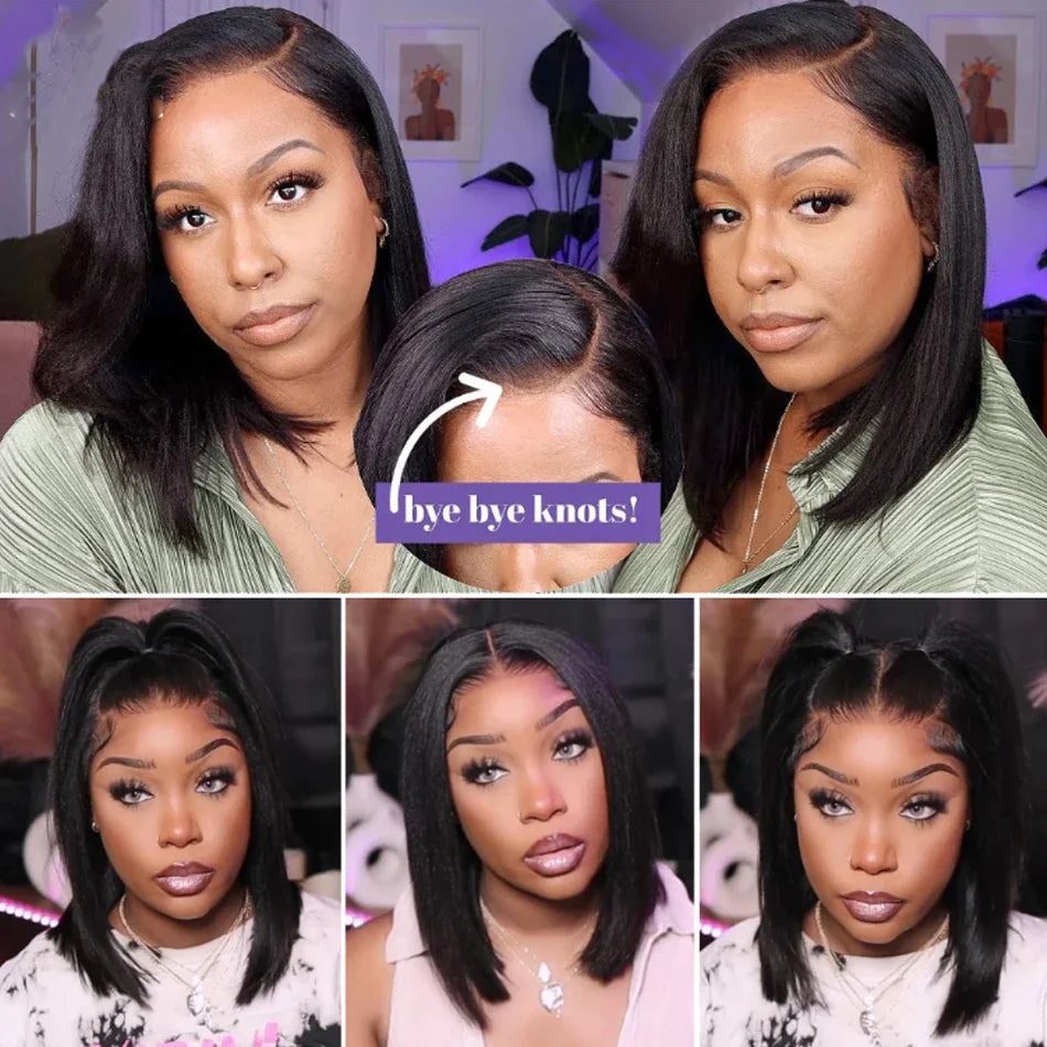 Perruque Bob lisse crépue sans colle 13x4 | Prête à porter | Cheveux humains brésiliens Remy