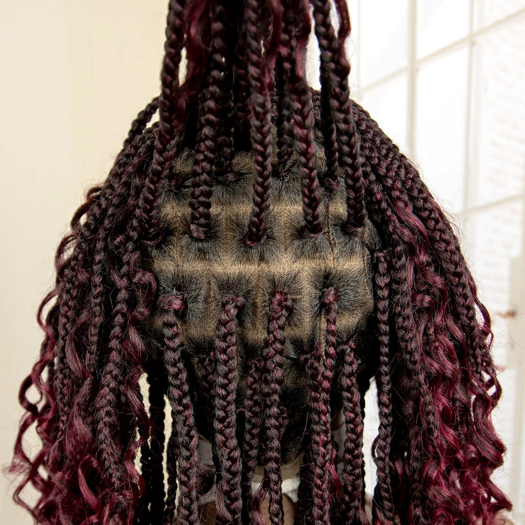 Perruque de tresses carrées bordeaux 14" | Entièrement lacée | Fibre Kanekalon | Tresses bohèmes | Pour femmes