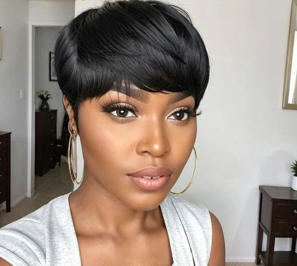 Perruque Pixie Bob Rouge Bourgogne & Blonde Rebecca | Cheveux Humains Lisses Courts Sans Colle avec Frange
