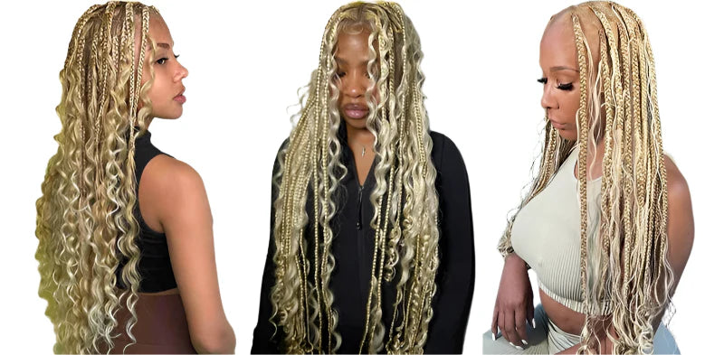 Perruque tressée bohème 32" | Ombré blond | Tresses carrées & boucles de déesse | Lace complète | Tresses collées | Cheveux synthétiques