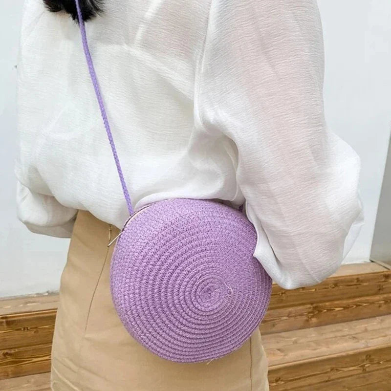 Sac bandoulière tissé en paille pour femme | Petit sac à main de plage rond en rotin fait main (sac à bandoulière pour femme)
