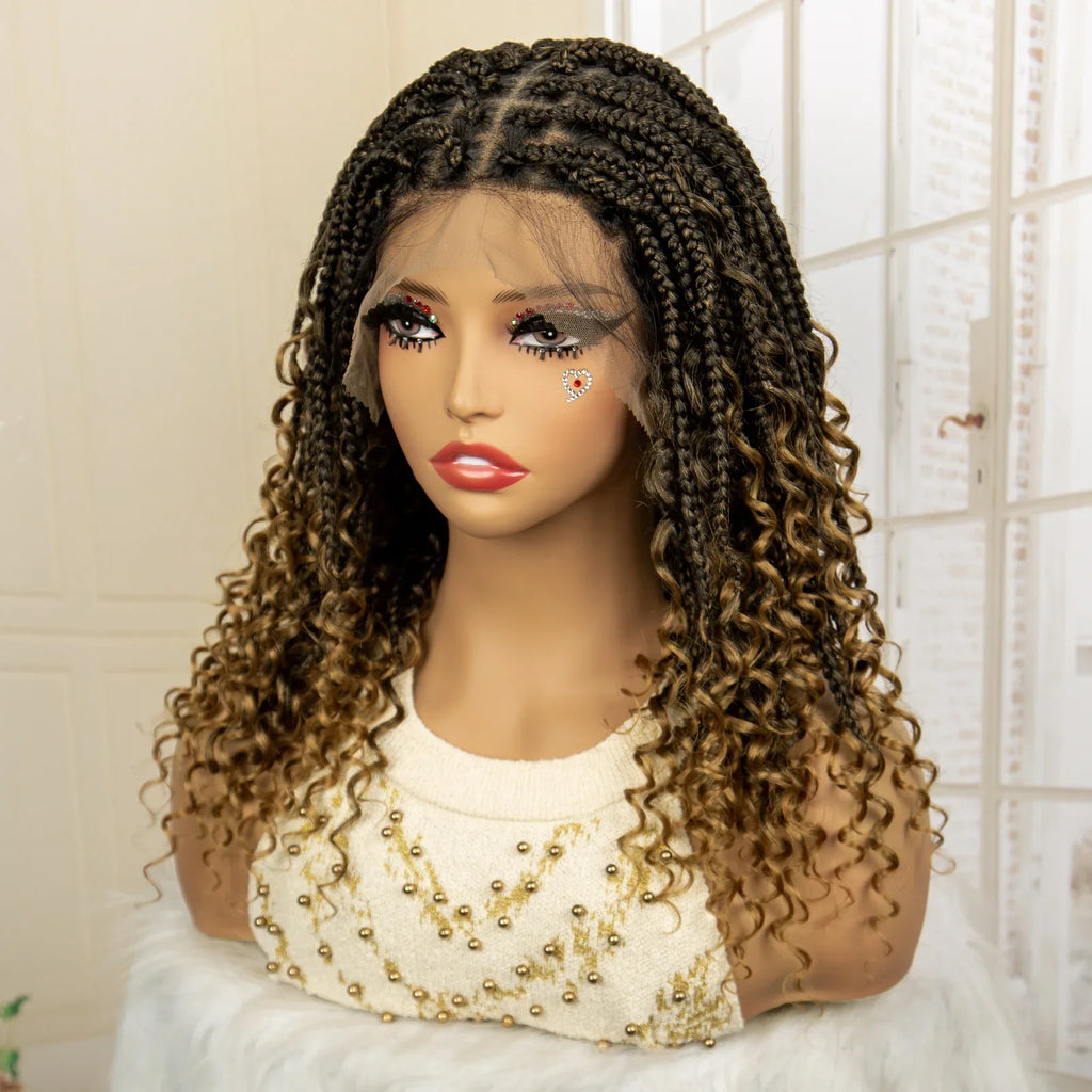 Perruque de tresses carrées bordeaux 14" | Entièrement lacée | Fibre Kanekalon | Tresses bohèmes | Pour femmes