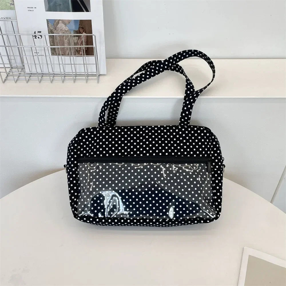 Sac Ita Y2K Ulzzang pour femmes | Sac à bandoulière et fourre-tout sous le bras en toile à pois tendance (Poche transparente, Mode jeune)