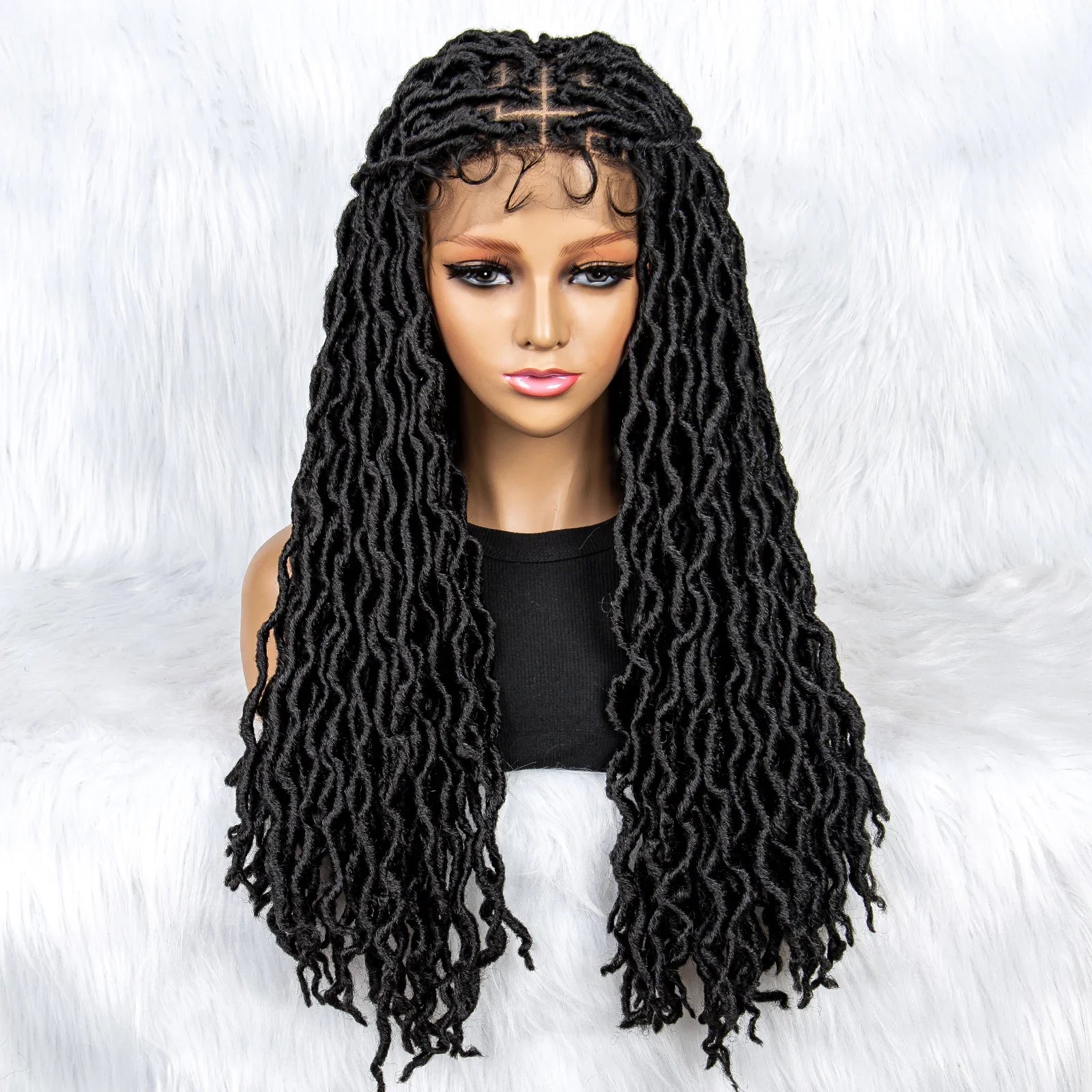 Perruque tressée sans nœuds avec pointes bouclées et cheveux de bébé | Perruque synthétique Lace Front pour femmes noires