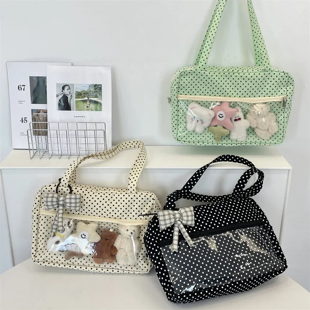 Sac Ita Y2K Ulzzang pour femmes | Sac à bandoulière et fourre-tout sous le bras en toile à pois tendance (Poche transparente, Mode jeune)