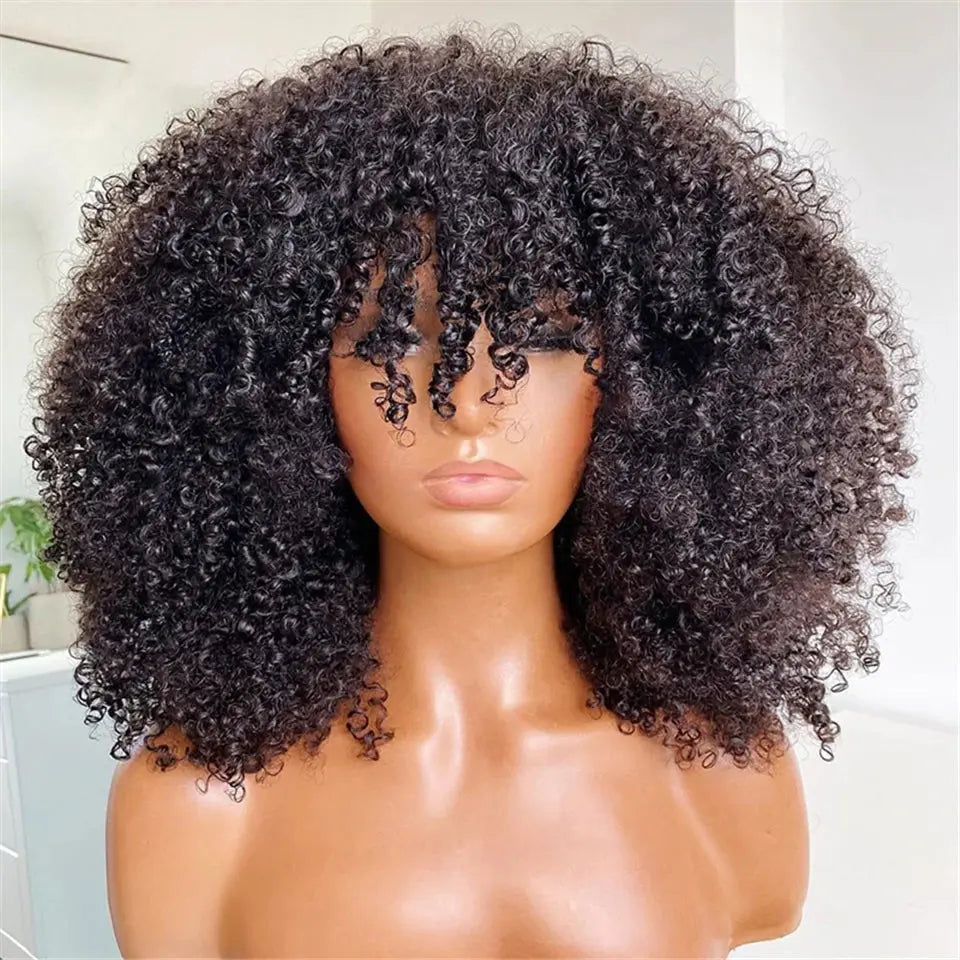 Short Bob | 99J | Curly | Bob | Red | Burgundy | Non Lace Front | Bangs | Human Hair Wigs