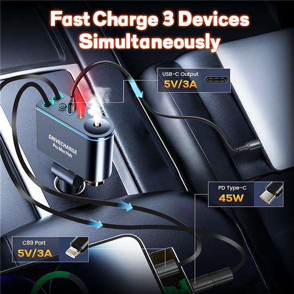 Smart Car Air Freshener & Essential Oil Diffuser with Intelligent Sensing and Mood Lighting - Retractable Charger & Starlight Aromatherapy Diffuser, Ideal Gift for Men& Travel