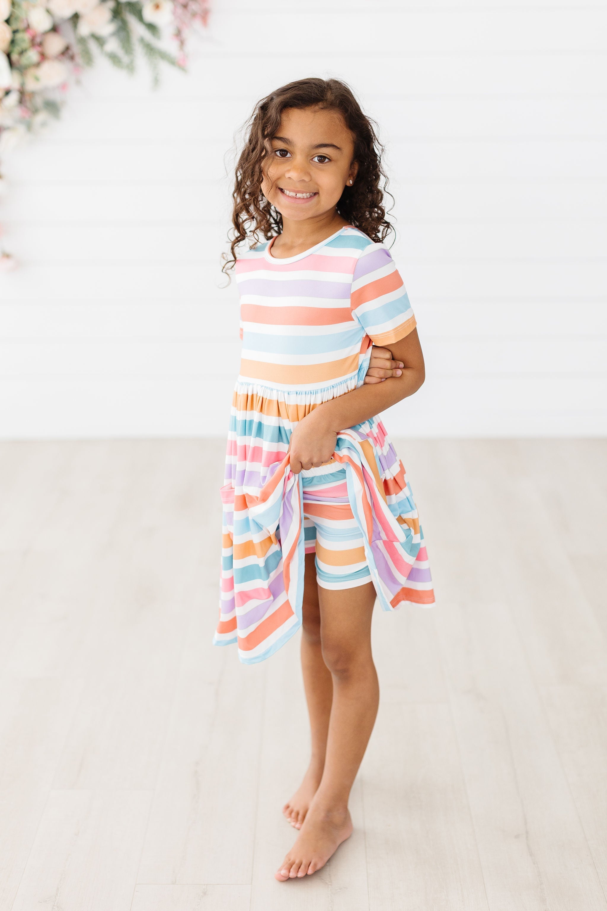 Robe Virevoltante Printemps Rayures Manches Courtes à Poches
