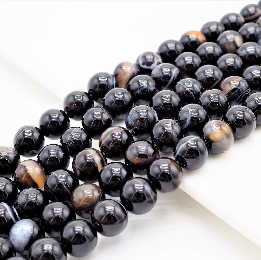 Black White Banded Agate Round Smooth Beads, 6mm/8mm/10mm/12mm beads, Agate Gemstone Beads, 15.5inch strand, SKU#U308