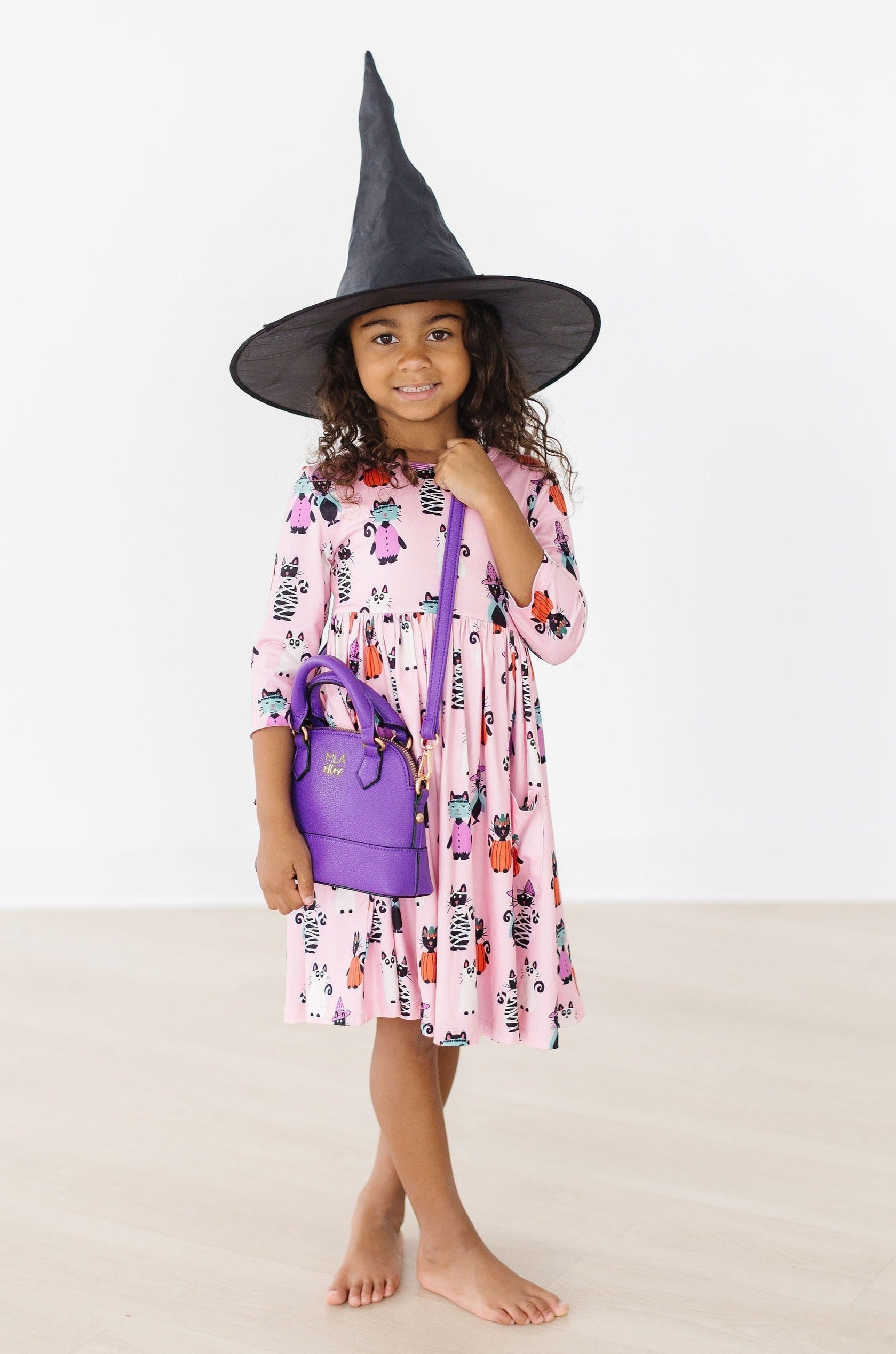 Robe à poches virevoltante 3/4 manches « Purr-fectly Spooky »