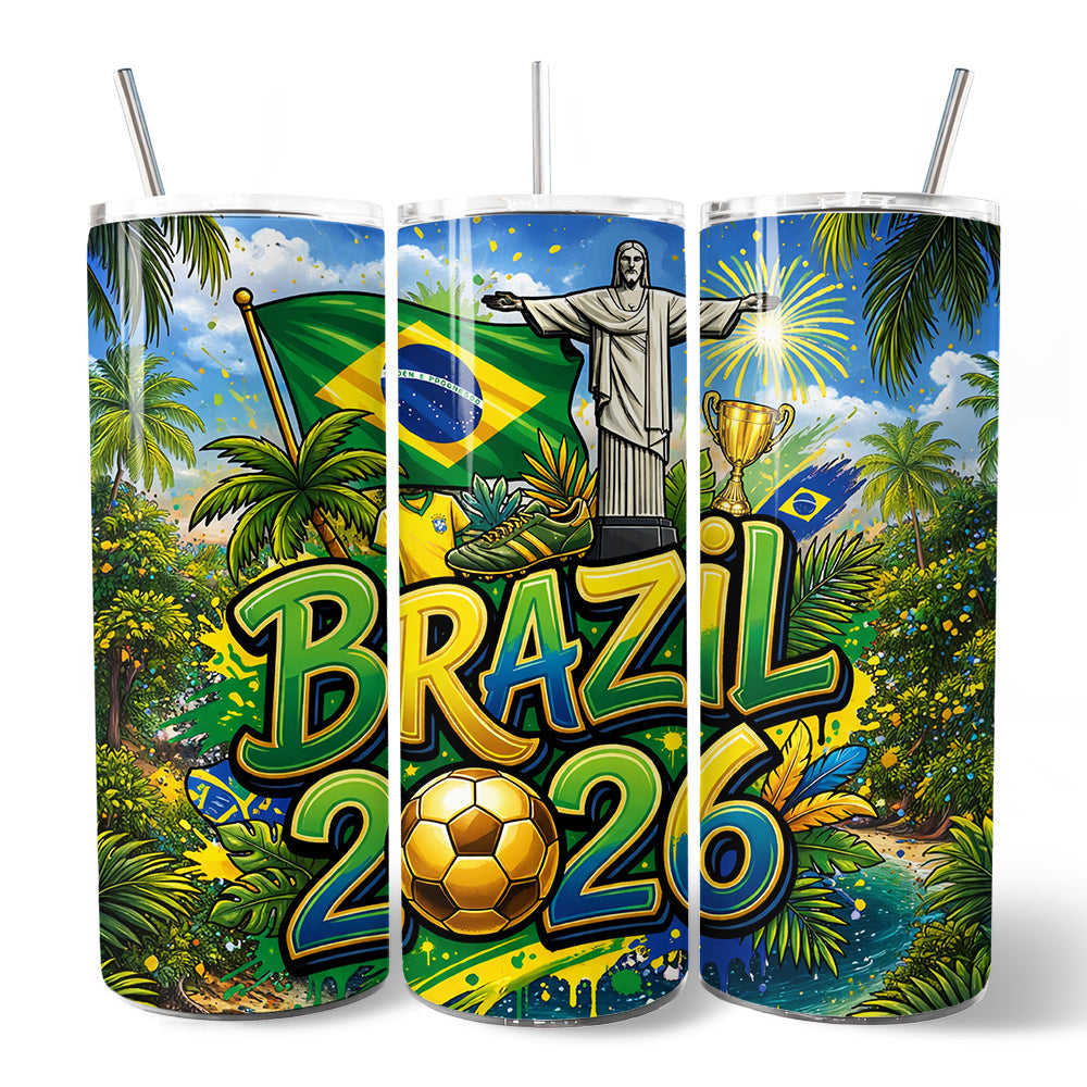 Vaso con tapa y pajita de acero inoxidable de 20 oz del Campeonato Mundial de Fútbol Brasil 2026, taza de regalo para aficionados al fútbol