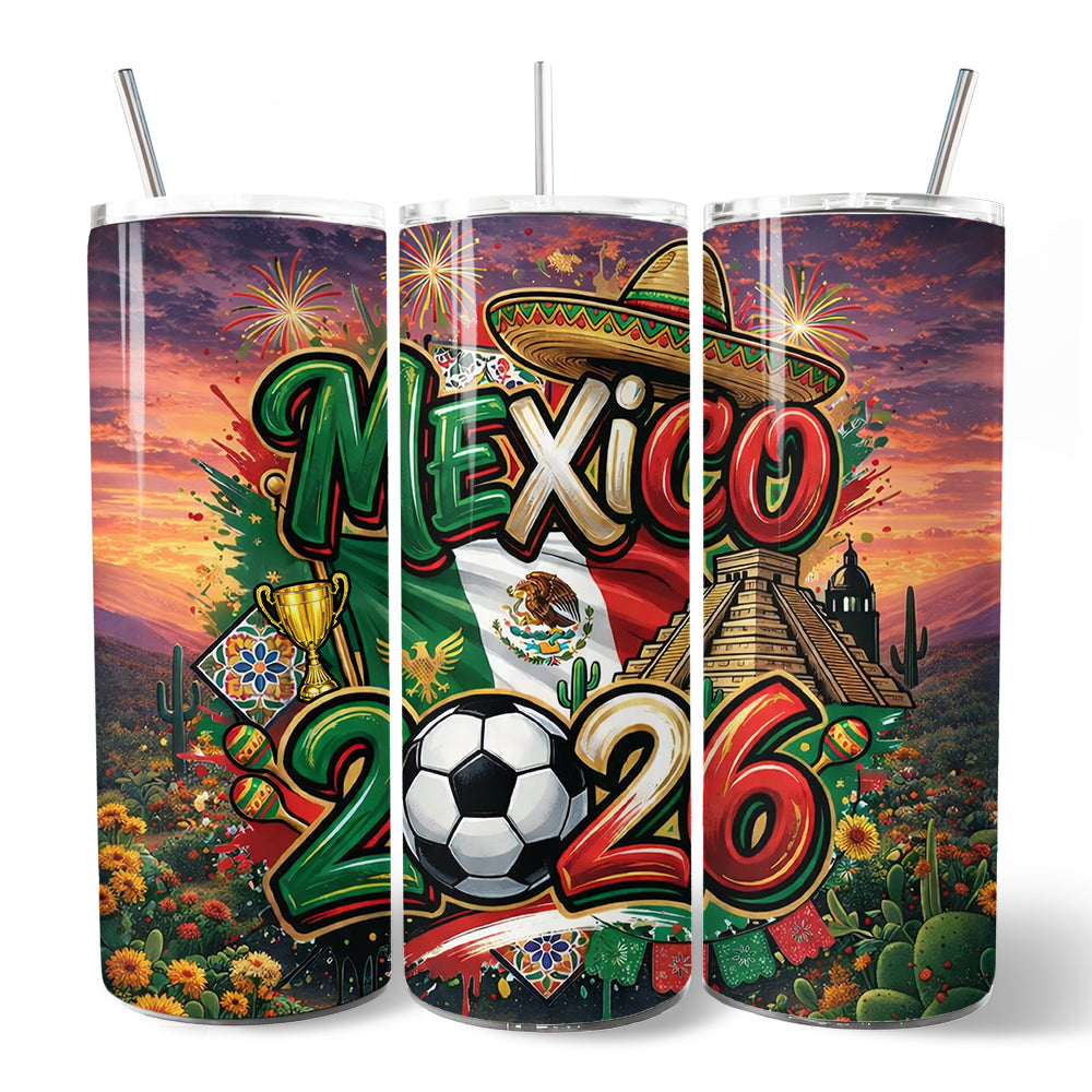 Gobelet de 20oz avec couvercle et paille en acier inoxydable Coupe du Monde de Football Mexique 2026, cadeau pour les fans de football
