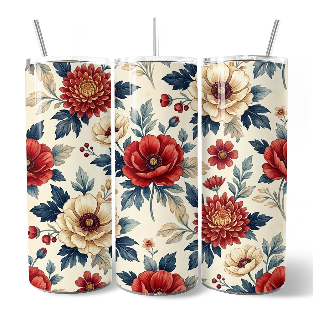 Elegant Red and Cream Flowers 20oz Personalized Tumbler With Lid and Stainless Steel Straw, Classic Floral Pattern Gift Cup