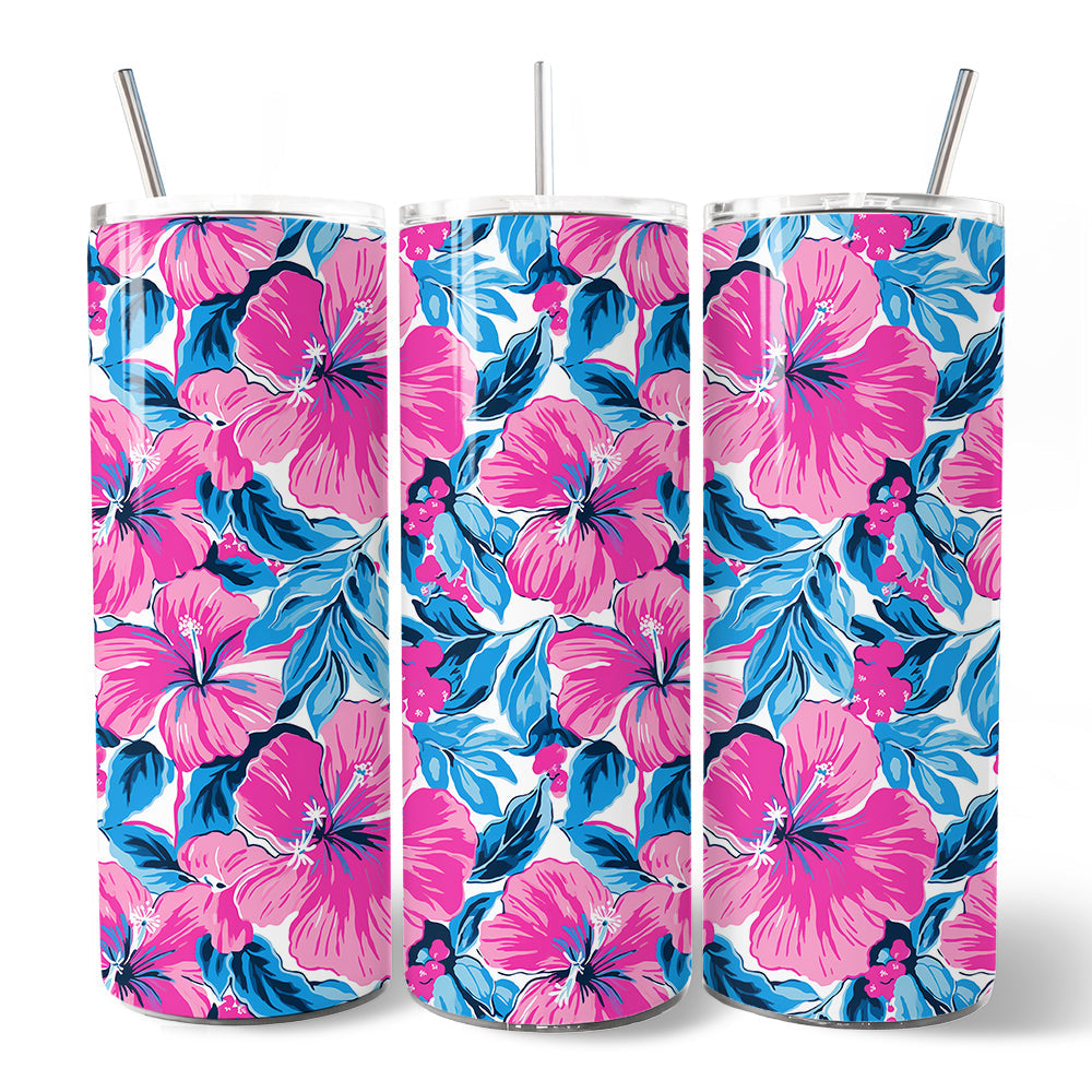 Gobelet isotherme personnalisé 20 oz avec couvercle et paille en acier inoxydable, fleurs d'hibiscus roses et bleues, tasse cadeau florale estivale et vibrante