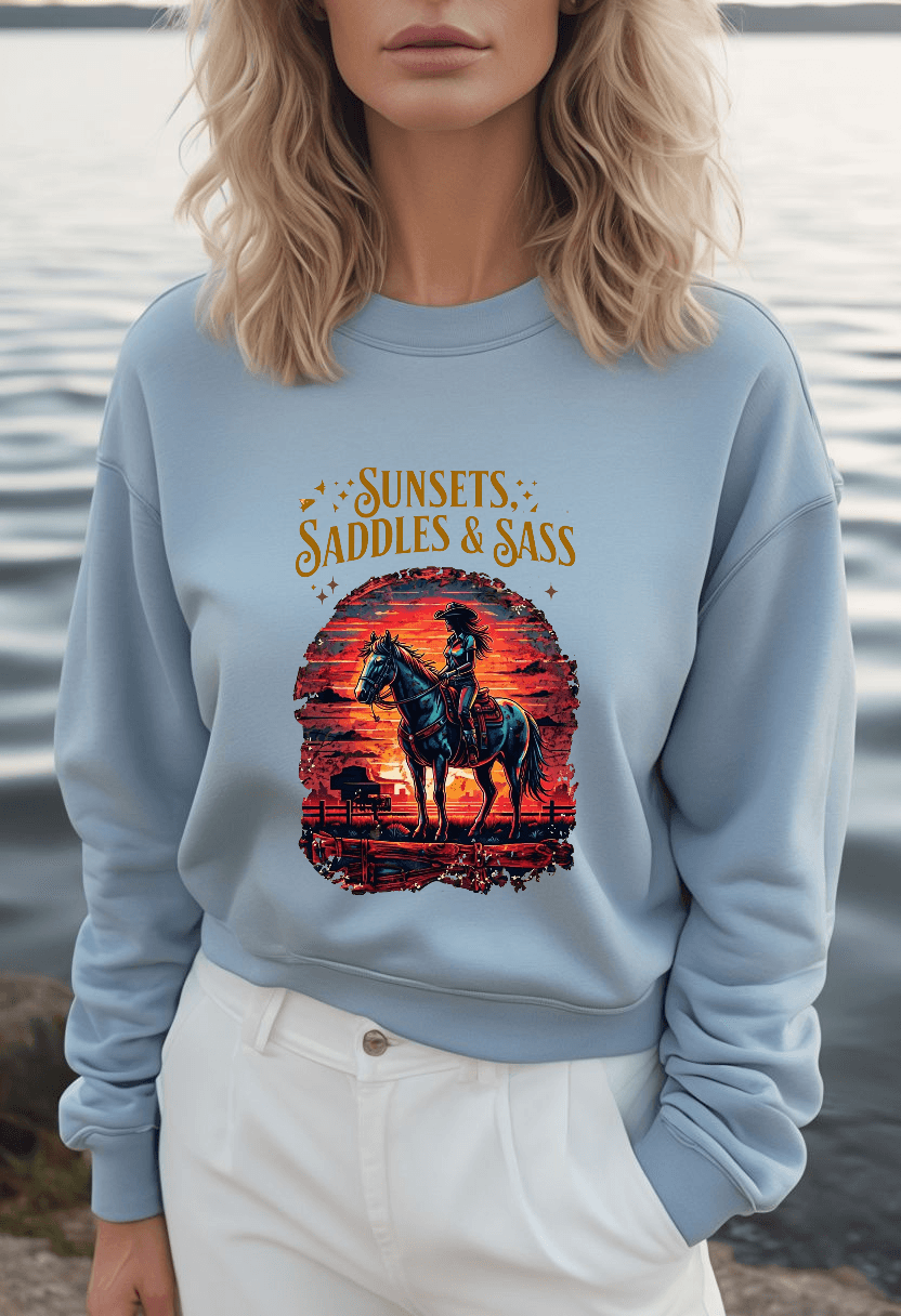 Sweat-shirt ras-du-cou en molleton doux "Sunsets Saddles and Sass"