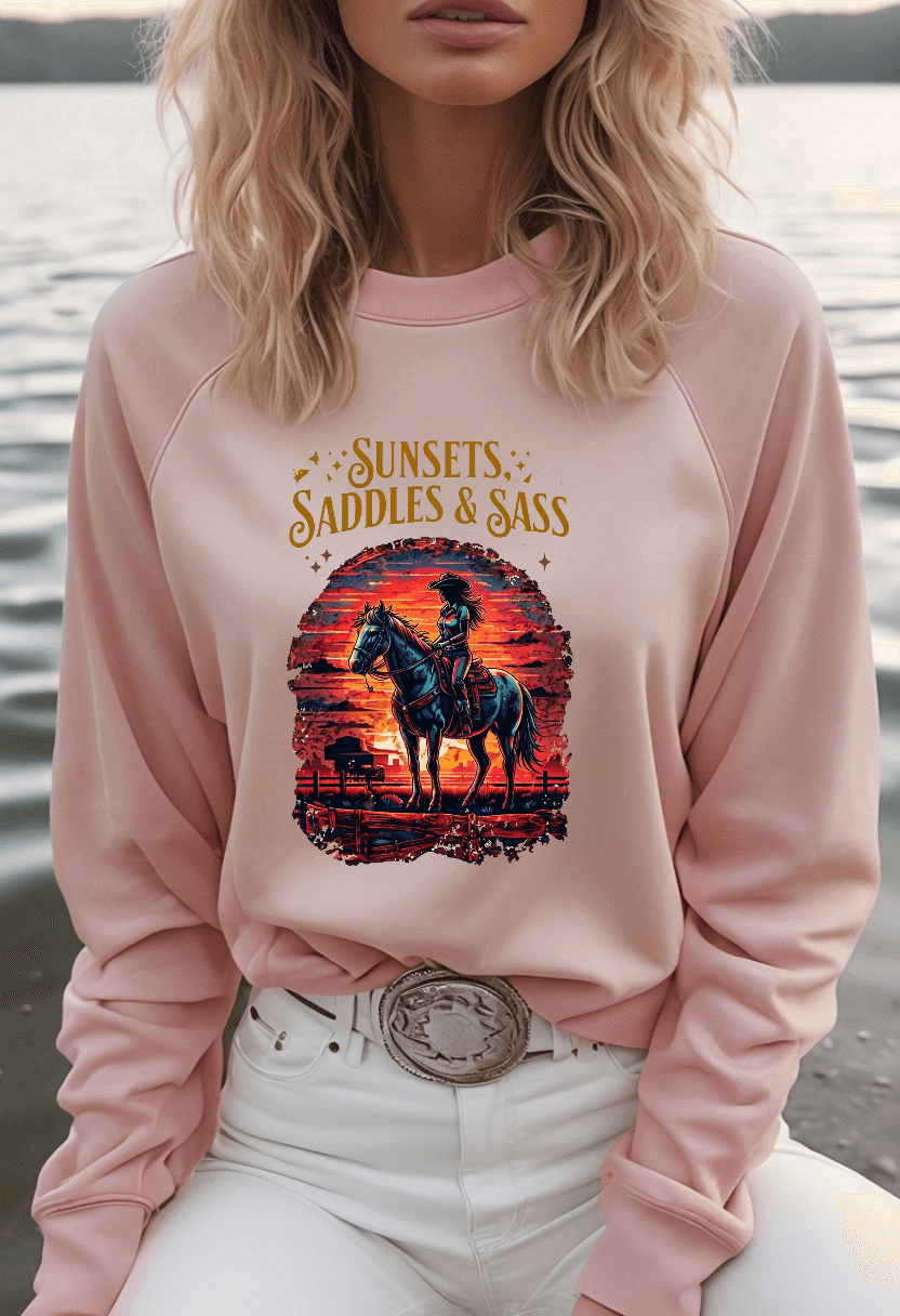 Sweat-shirt ras-du-cou en molleton doux "Sunsets Saddles and Sass"