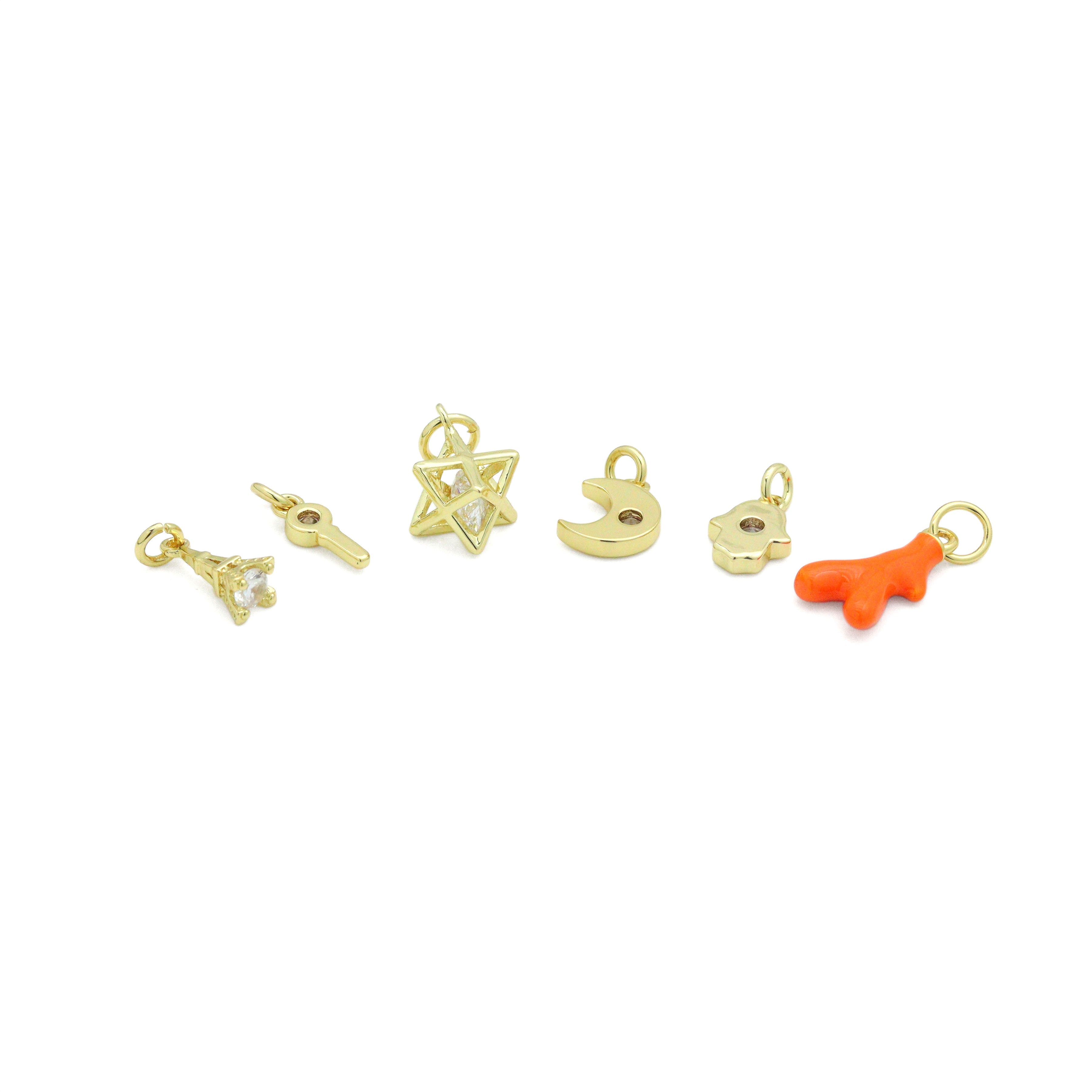 Cute Eiffel Tower, Evil eye KEY, Star of David, Crescent Moon, Hamsa hand, Orange coral horn charm charm, Sku#Y1061