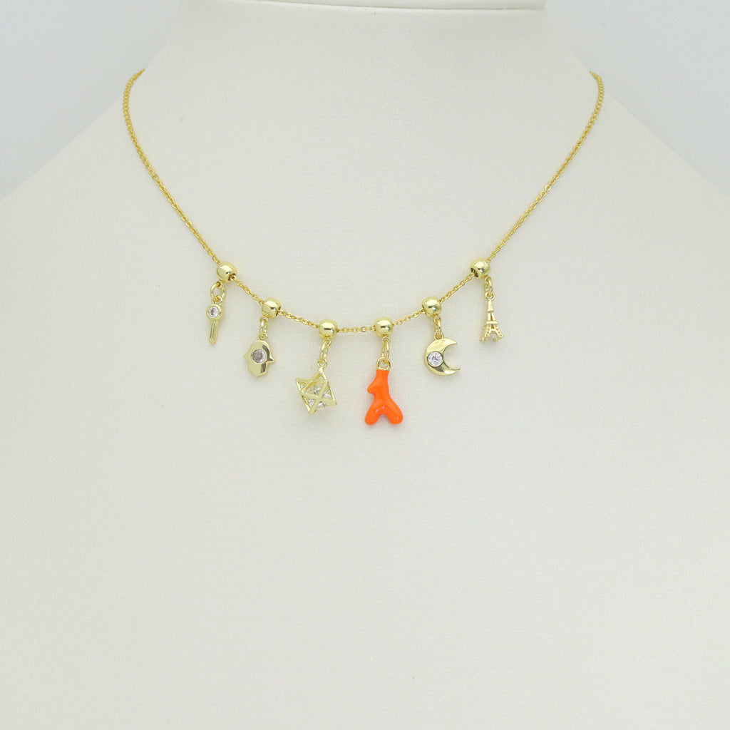 Cute Eiffel Tower, Evil eye KEY, Star of David, Crescent Moon, Hamsa hand, Orange coral horn charm charm, Sku#Y1061